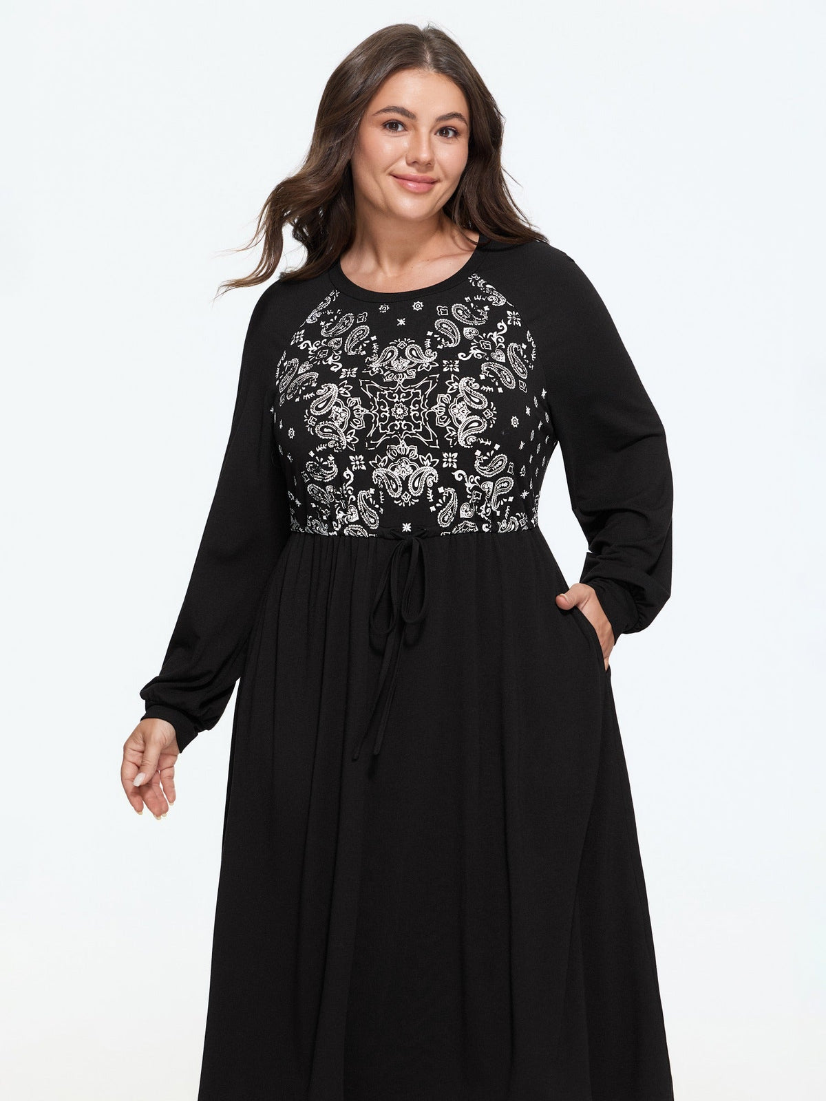Paisley Print Drawstring Waist Midi Dress