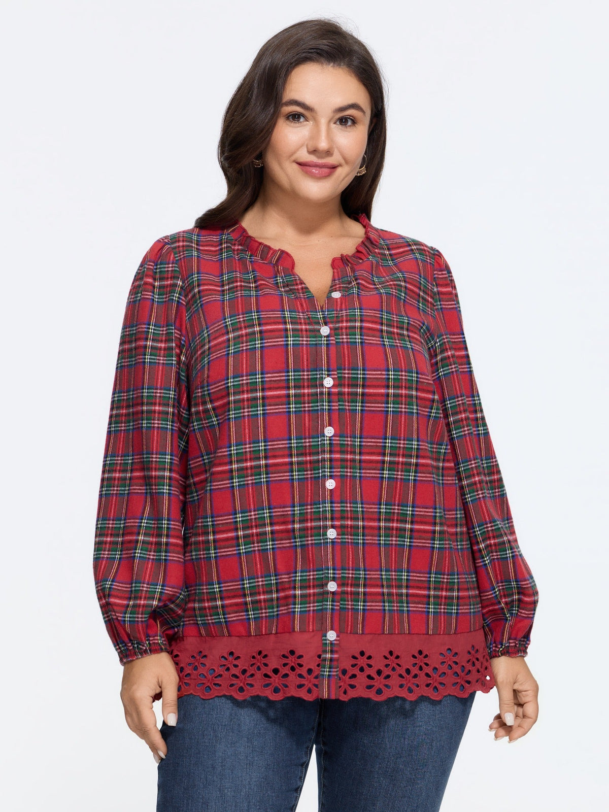 Plaid Ruffle Neck Eyelet Hem Blouse