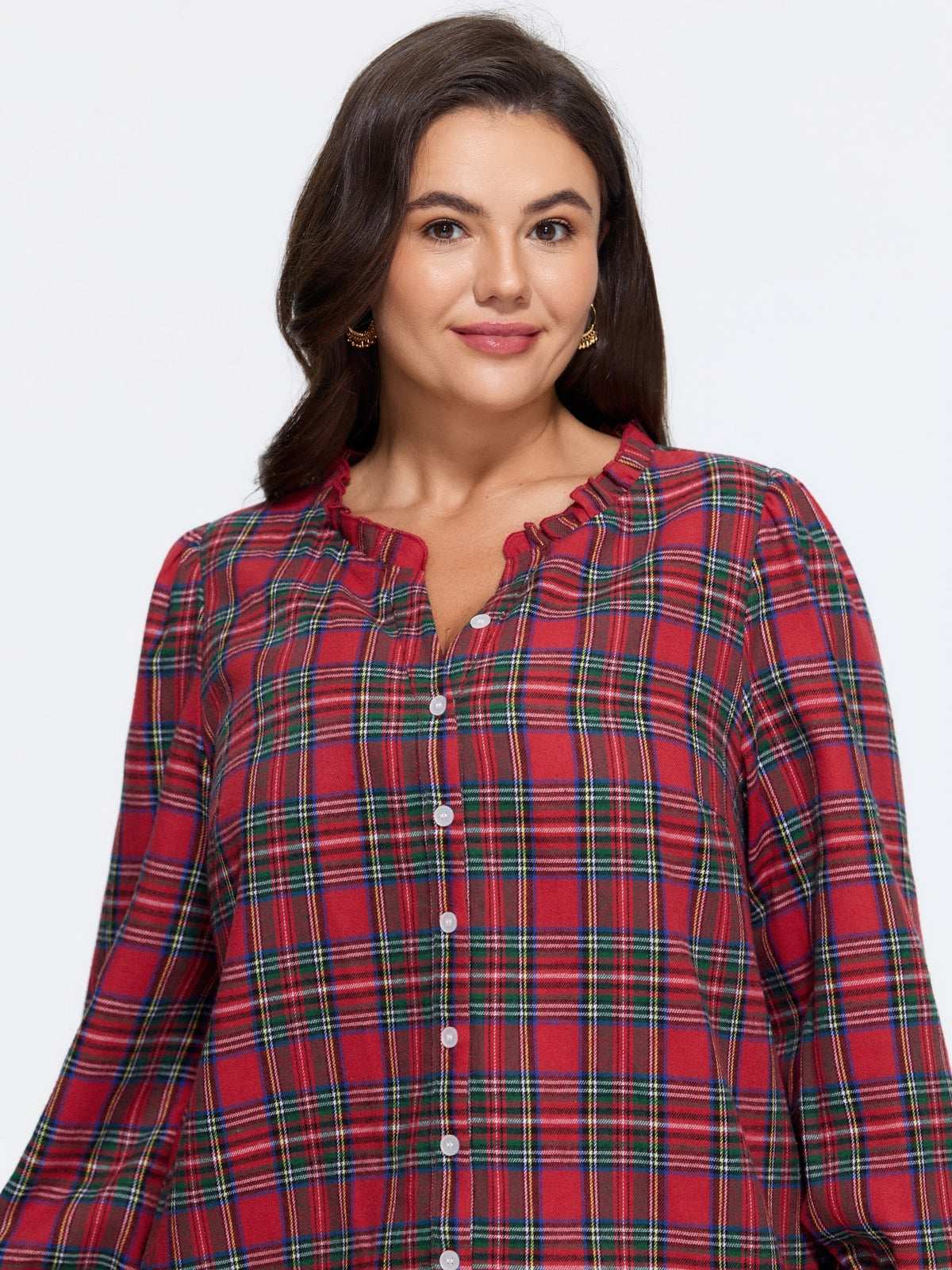 Plaid Ruffle Neck Eyelet Hem Blouse