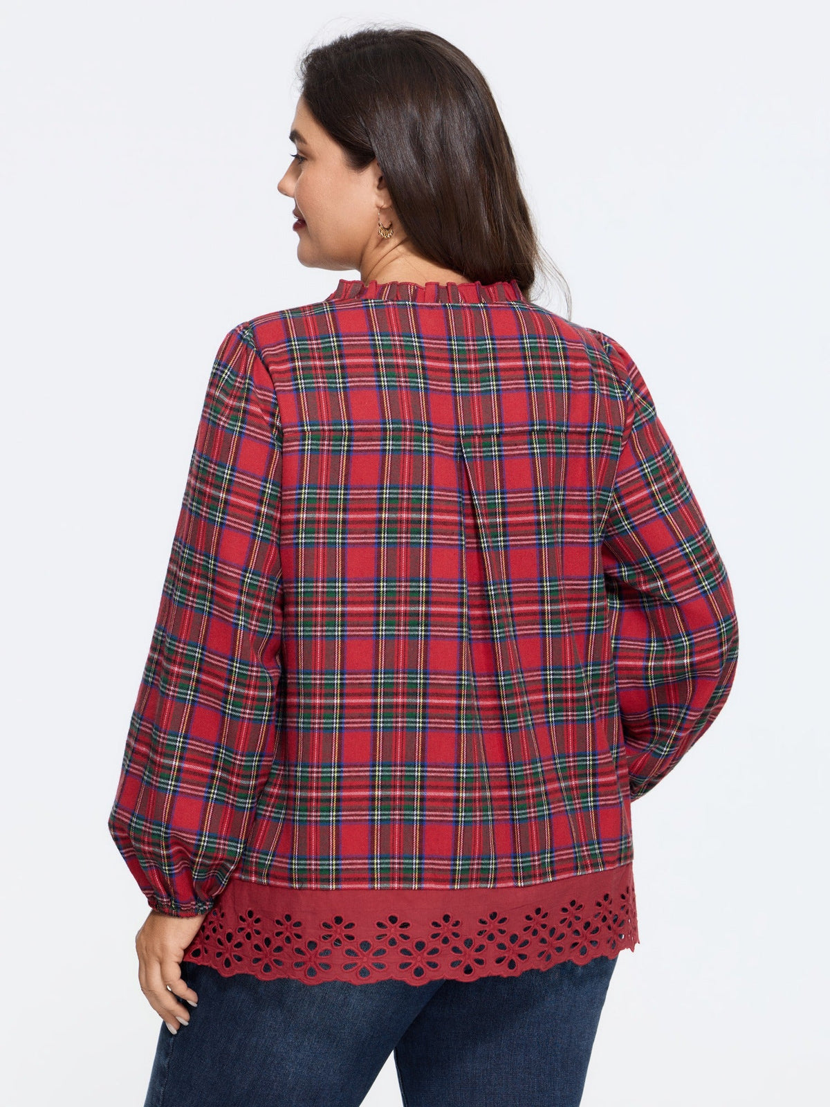Plaid Ruffle Neck Eyelet Hem Blouse