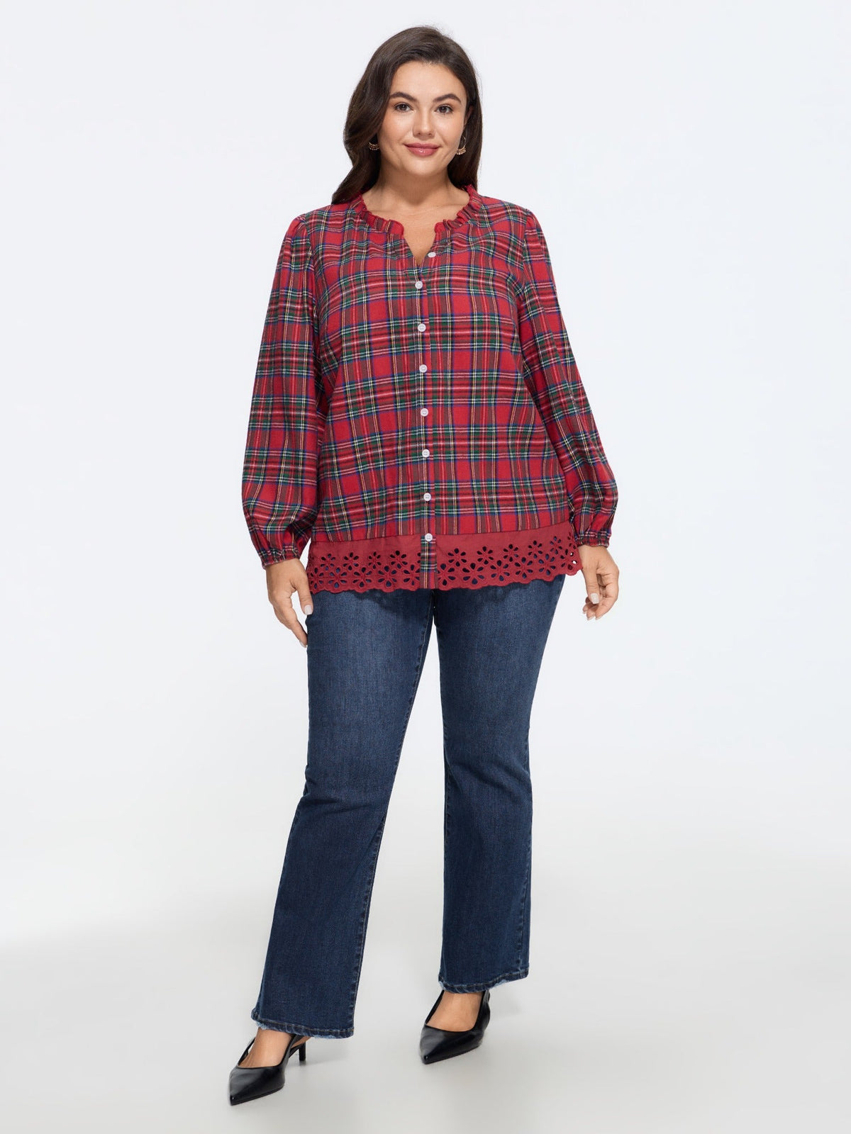 Plaid Ruffle Neck Eyelet Hem Blouse