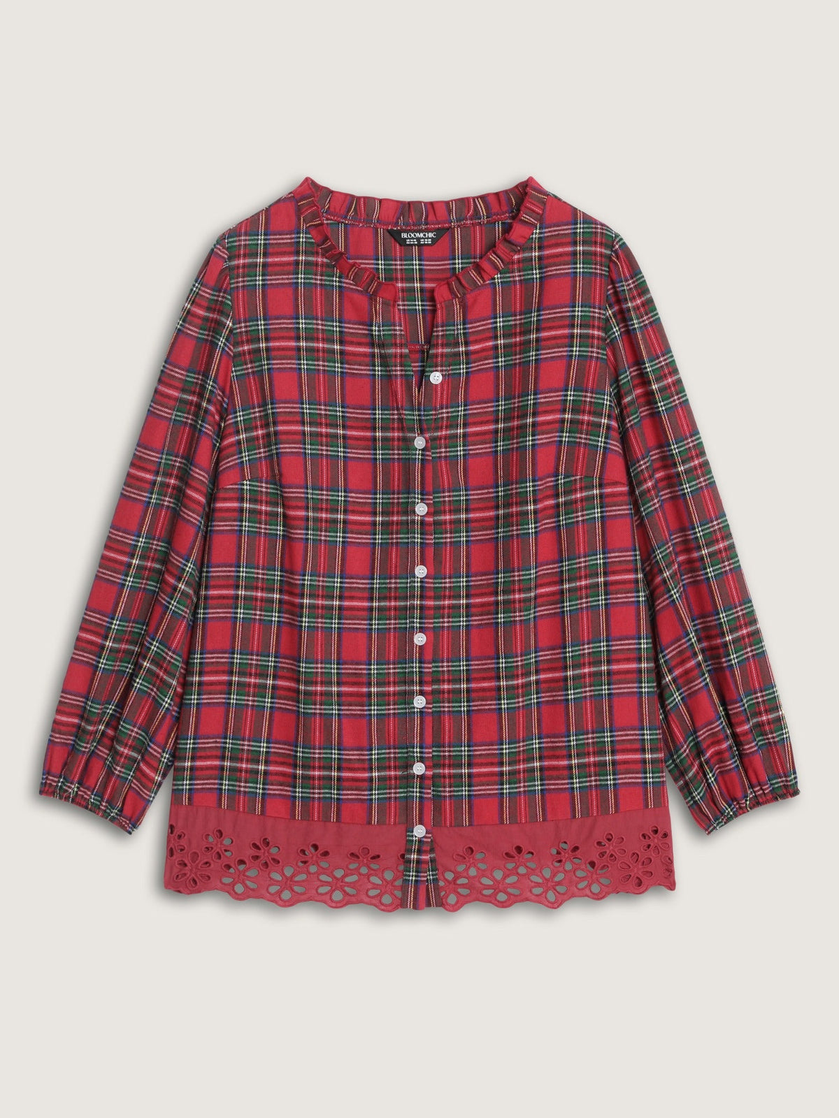 Plaid Ruffle Neck Eyelet Hem Blouse