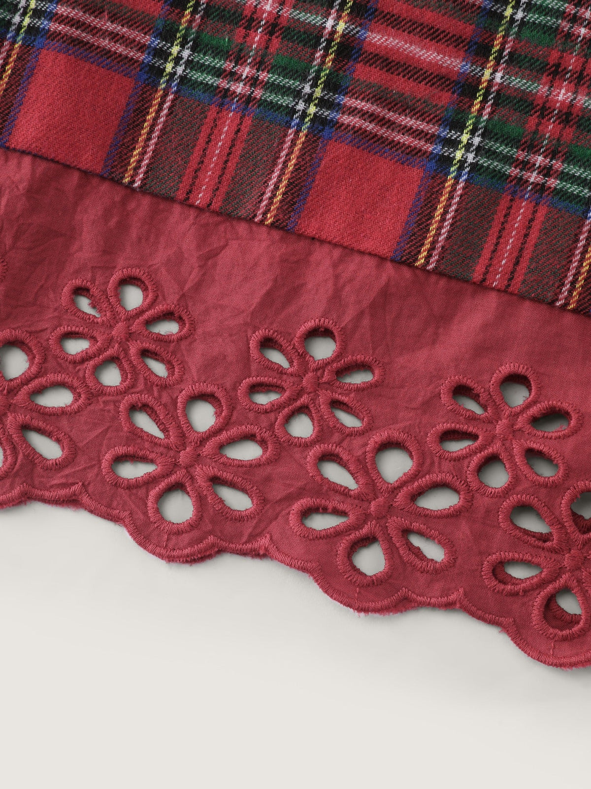 Plaid Ruffle Neck Eyelet Hem Blouse
