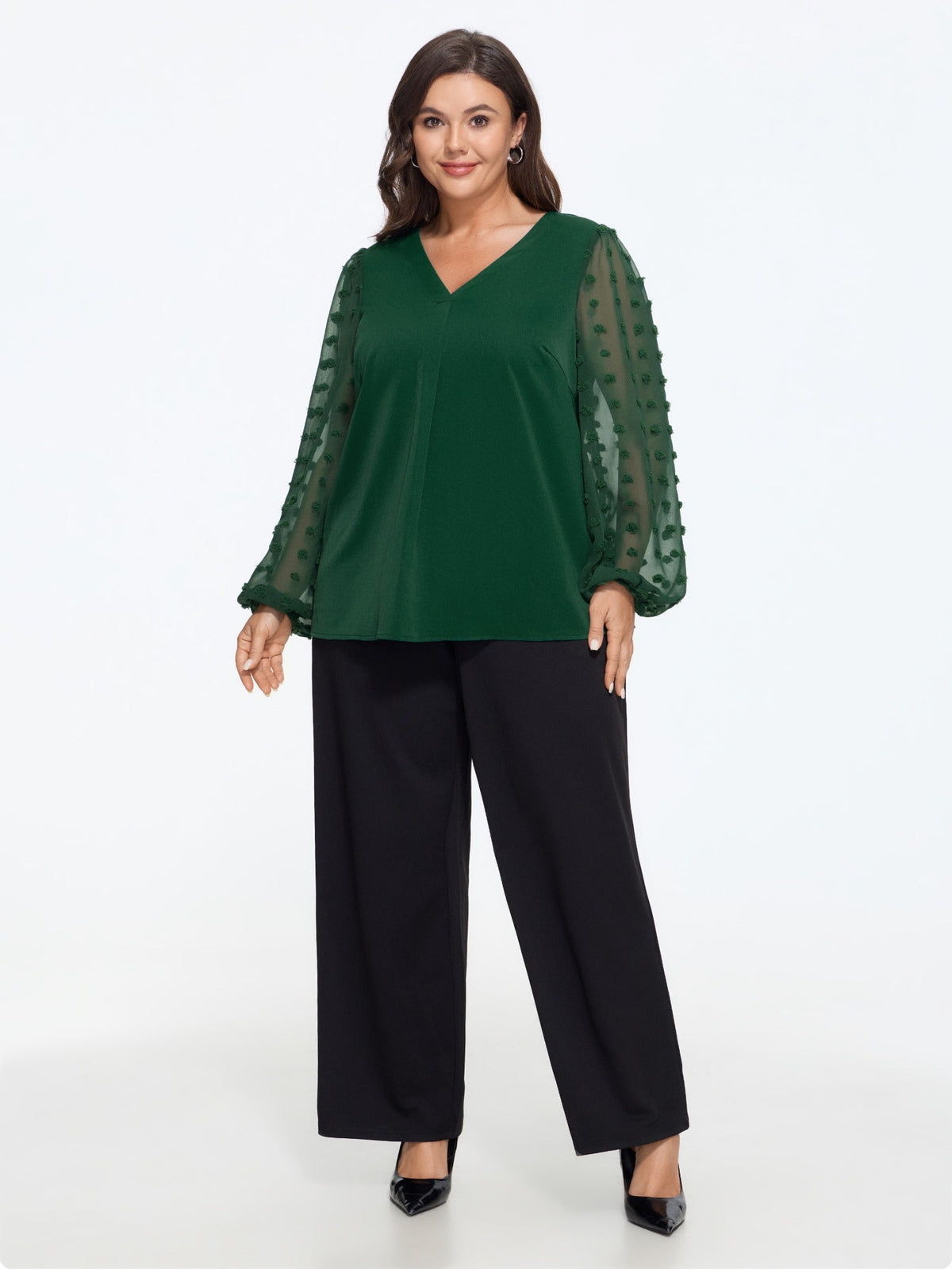 Textured Sheer Mesh Sleeve V Neck Blouse