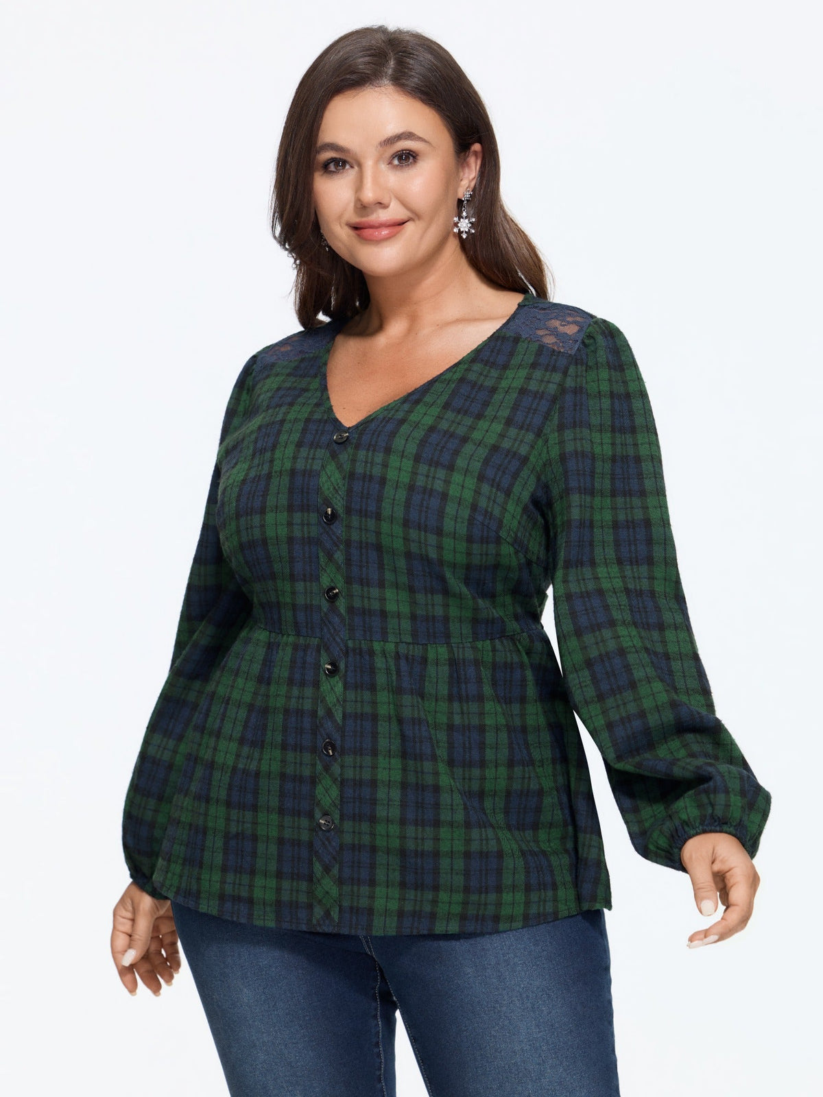 Plaid Lace Shoulder Button Front Peplum Blouse