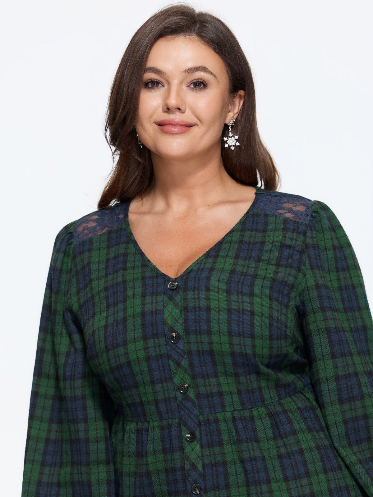 Plaid Lace Shoulder Button Front Peplum Blouse