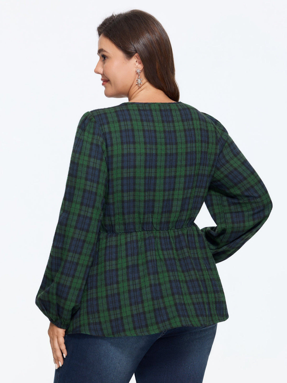 Plaid Lace Shoulder Button Front Peplum Blouse