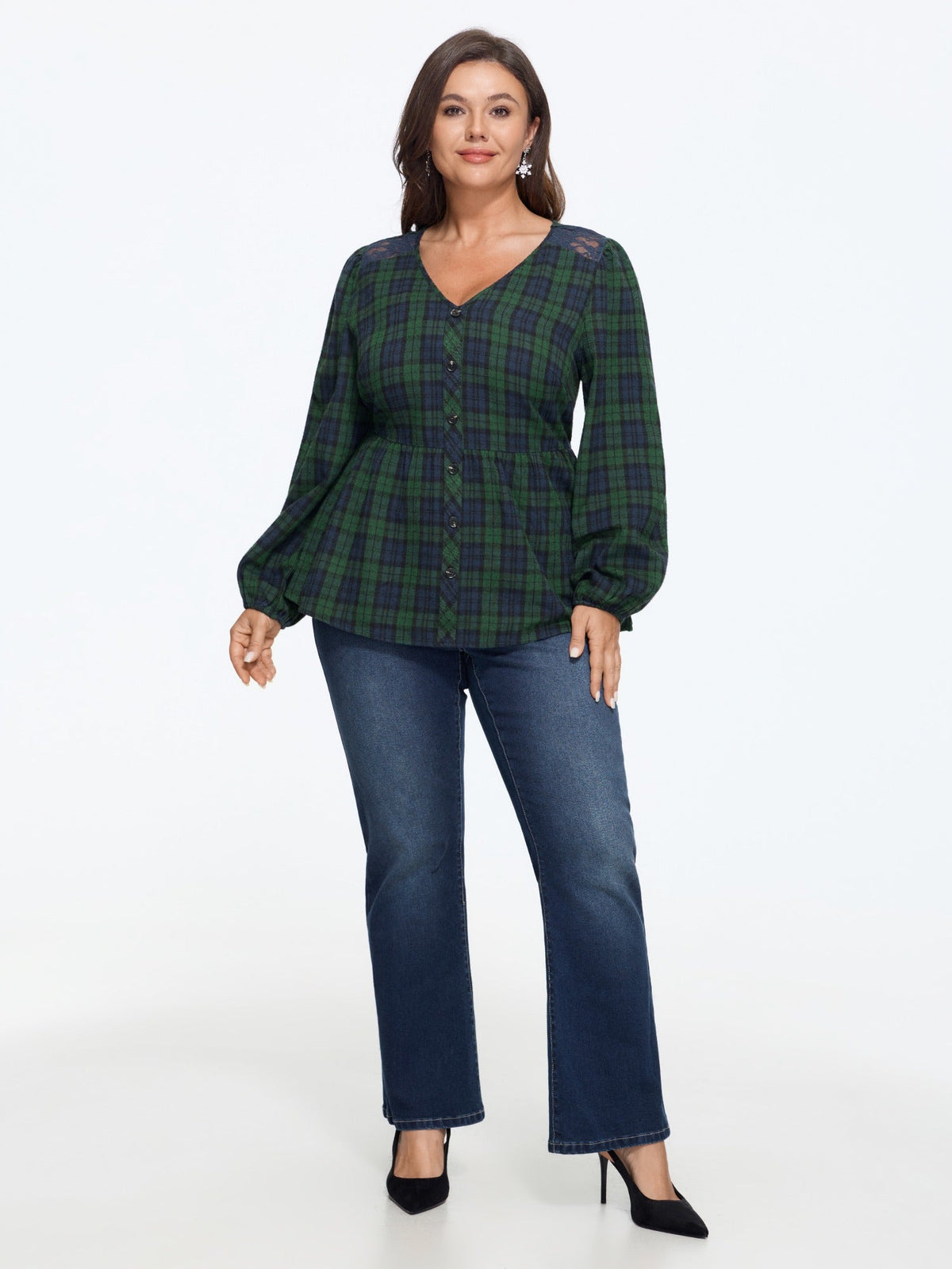 Plaid Lace Shoulder Button Front Peplum Blouse