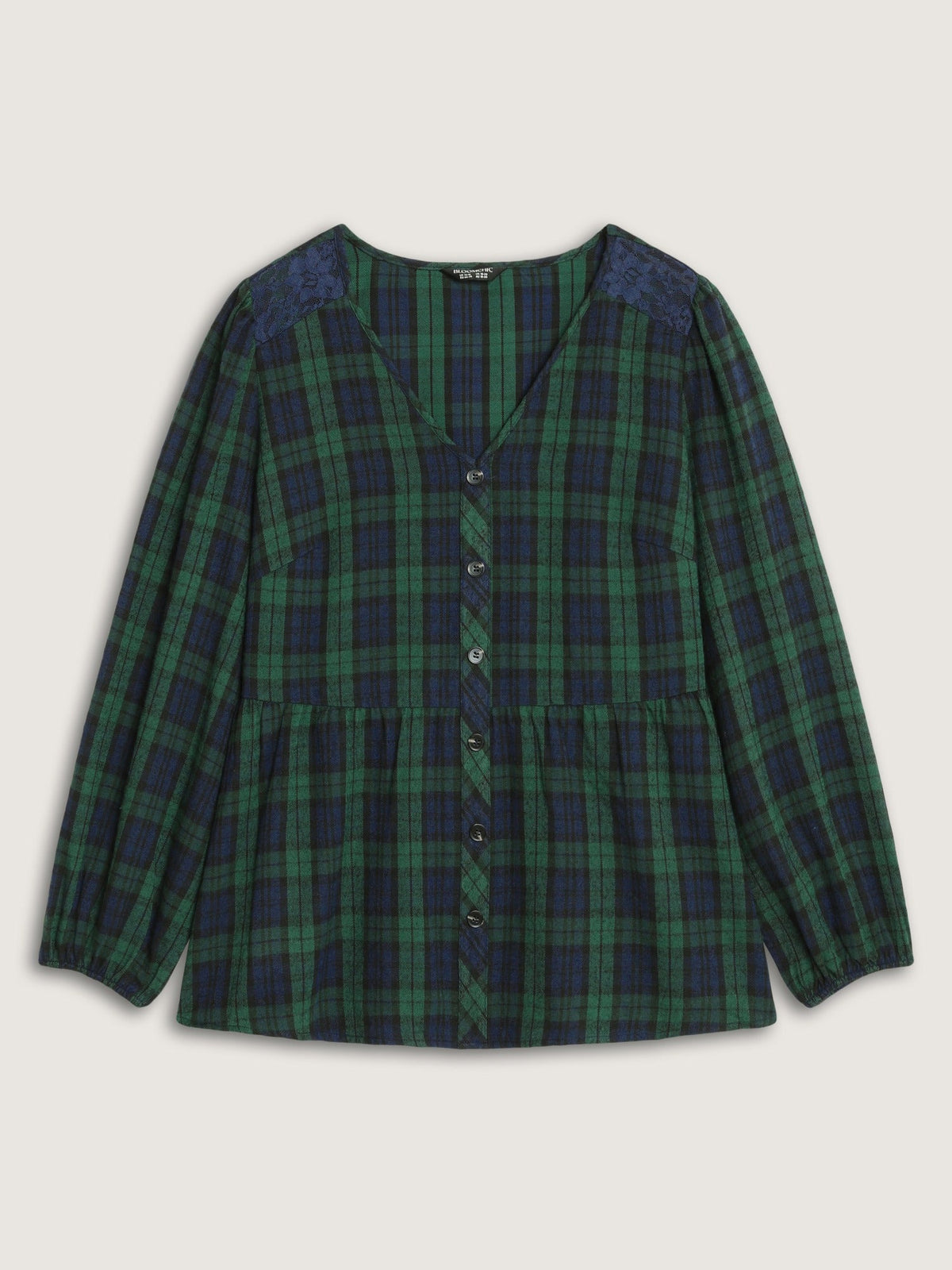 Plaid Lace Shoulder Button Front Peplum Blouse