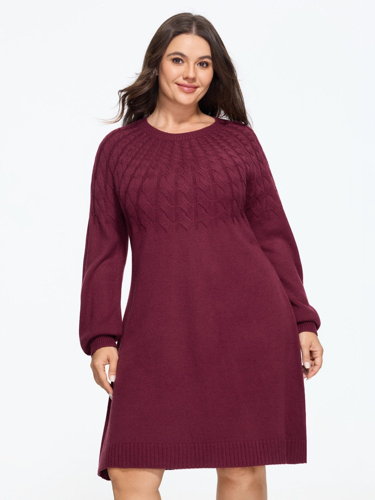 Crew Neck Cable Knit Sweater Dress