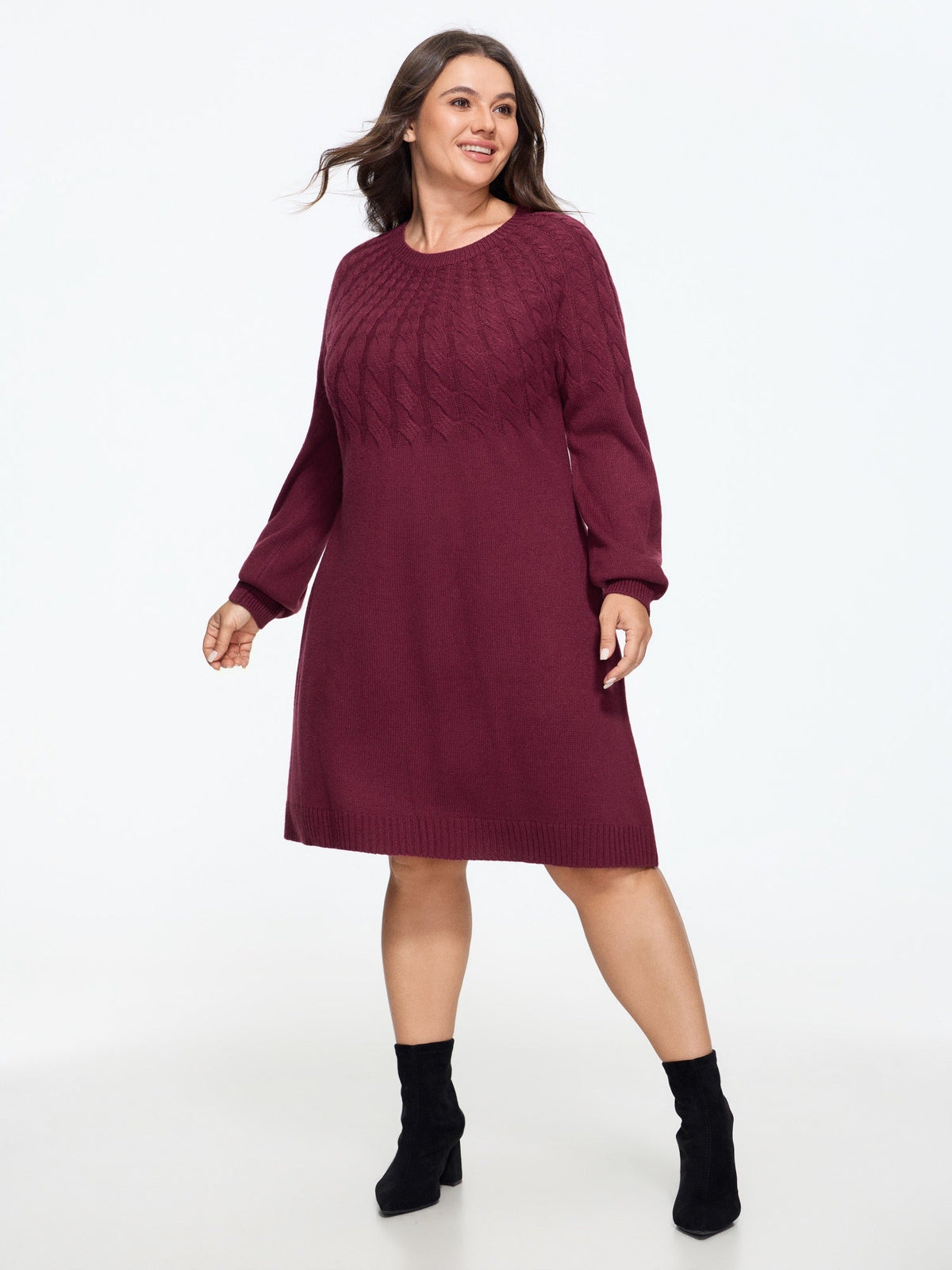 Crew Neck Cable Knit Sweater Dress