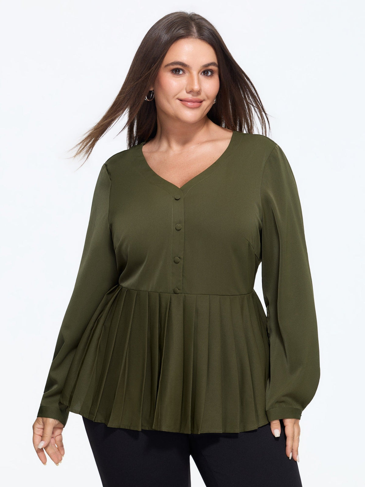 V Neck Button Front Pleated Blouse