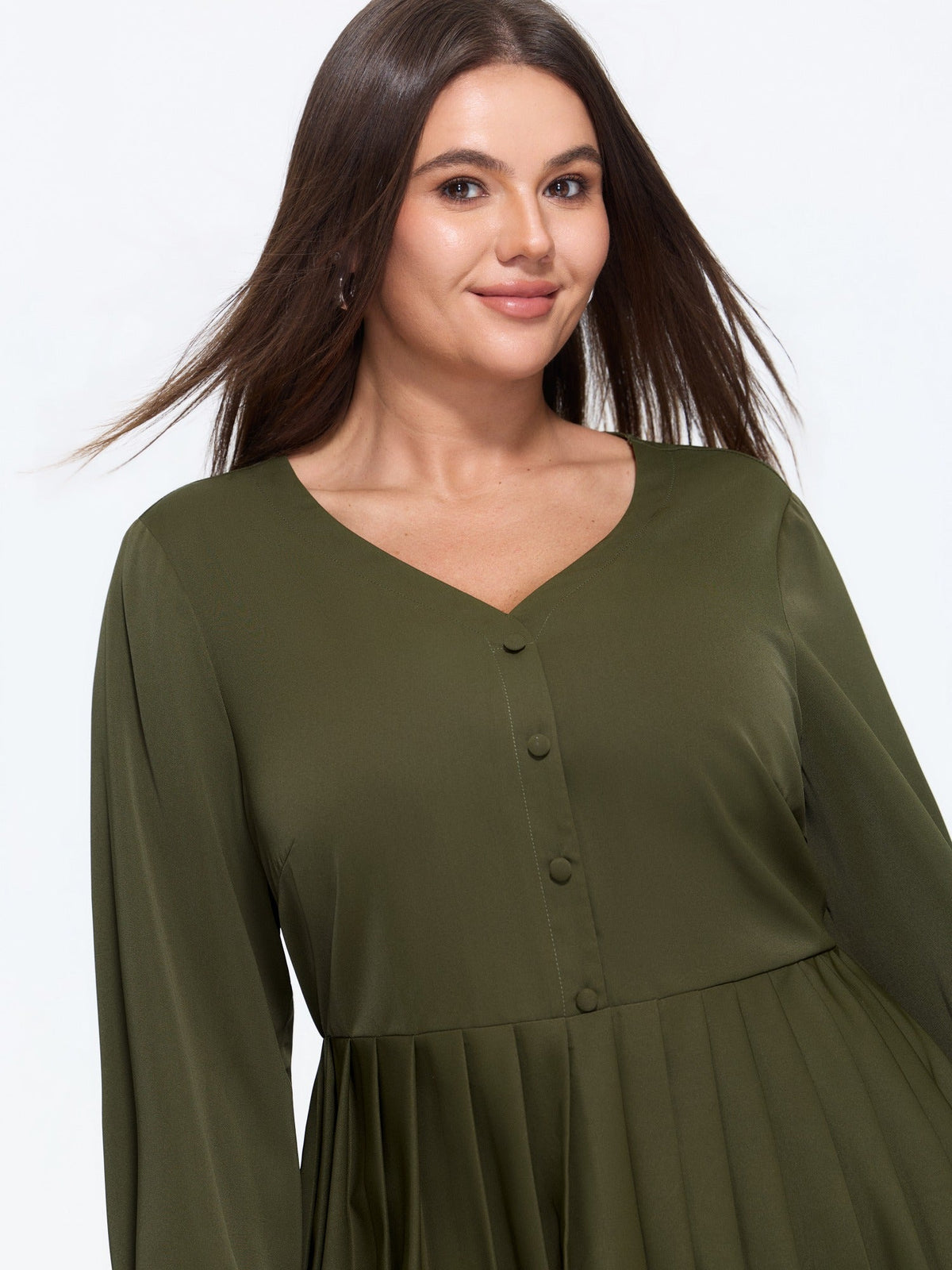 V Neck Button Front Pleated Blouse
