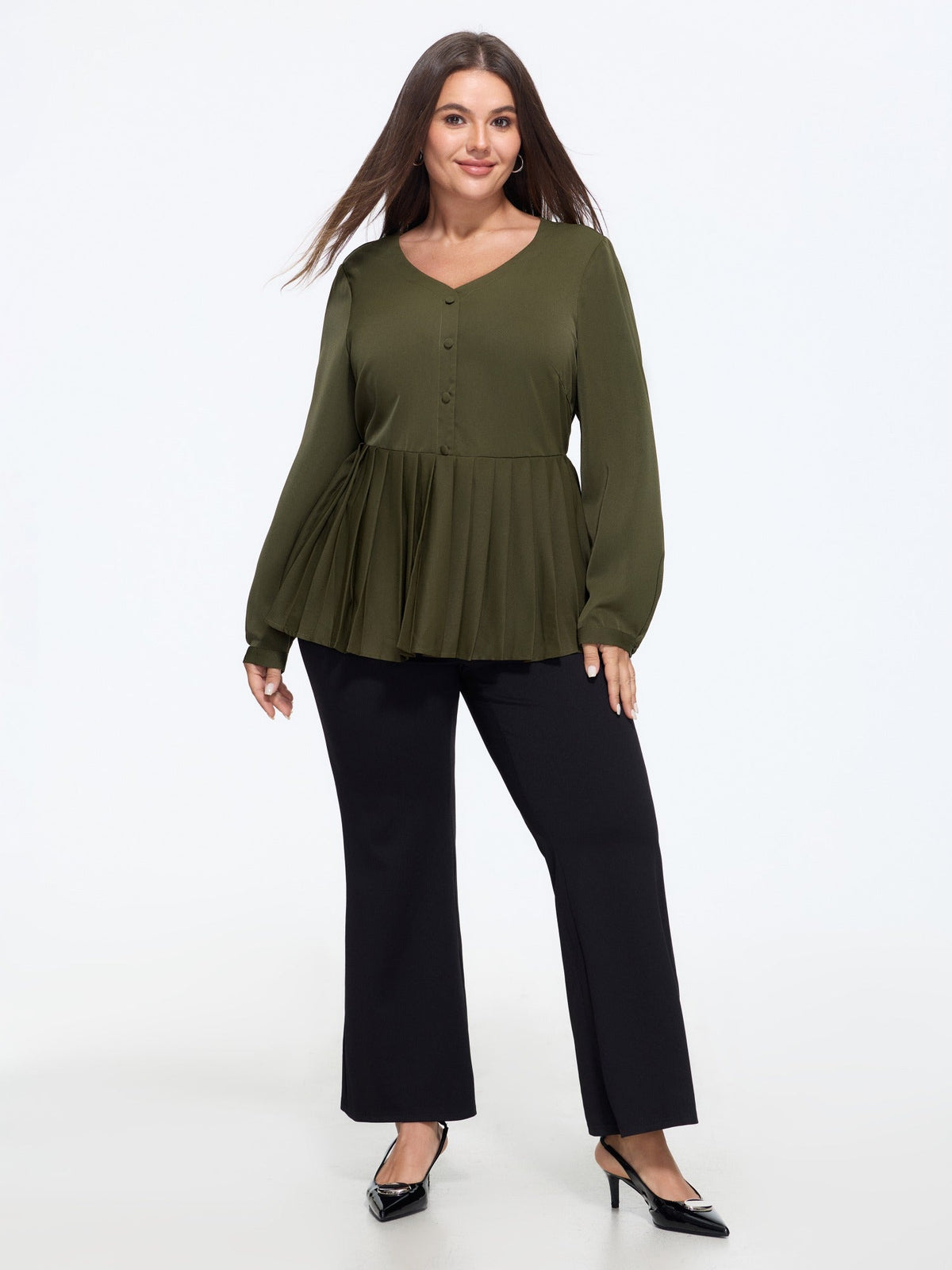 V Neck Button Front Pleated Blouse