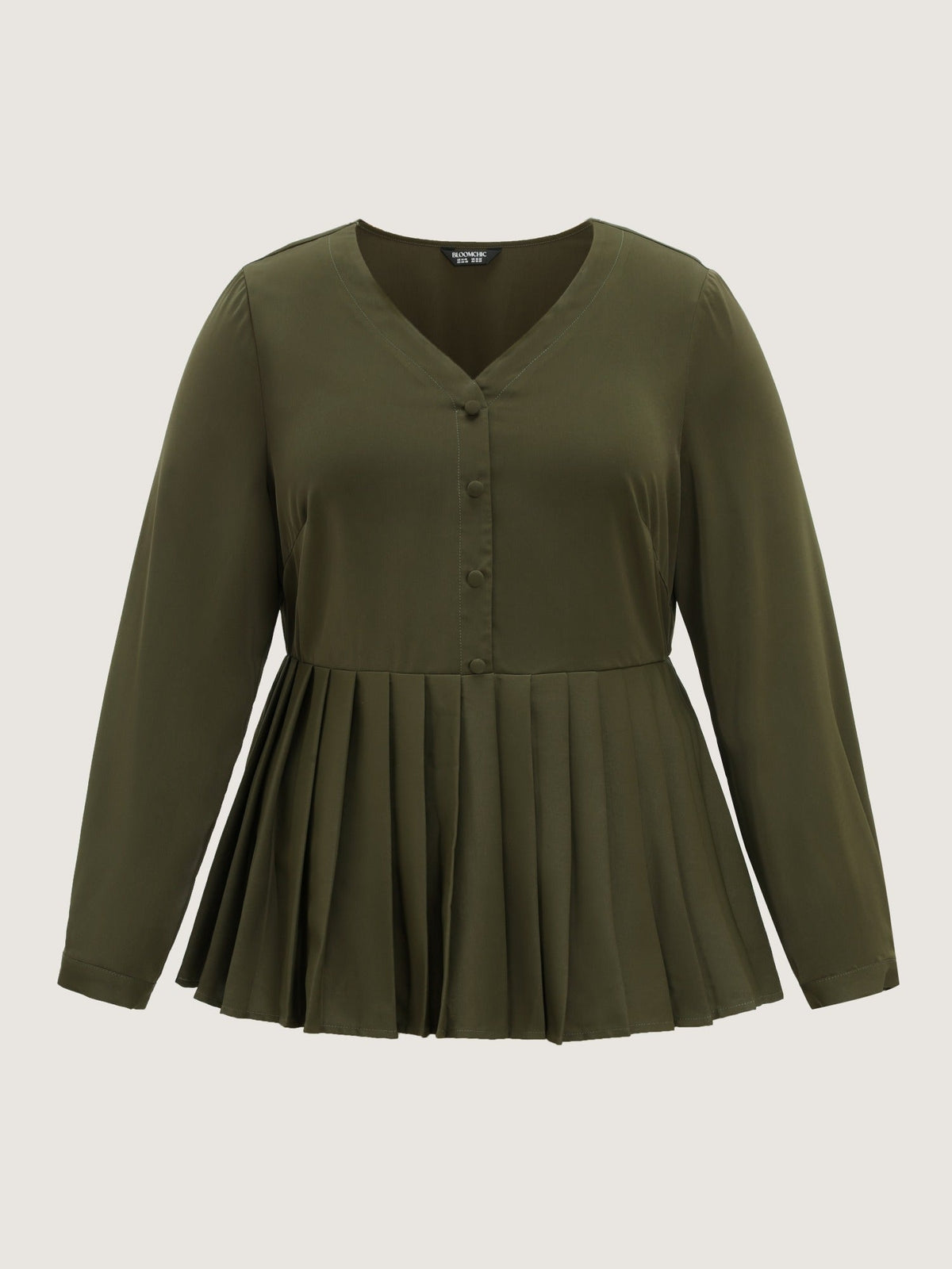 V Neck Button Front Pleated Blouse