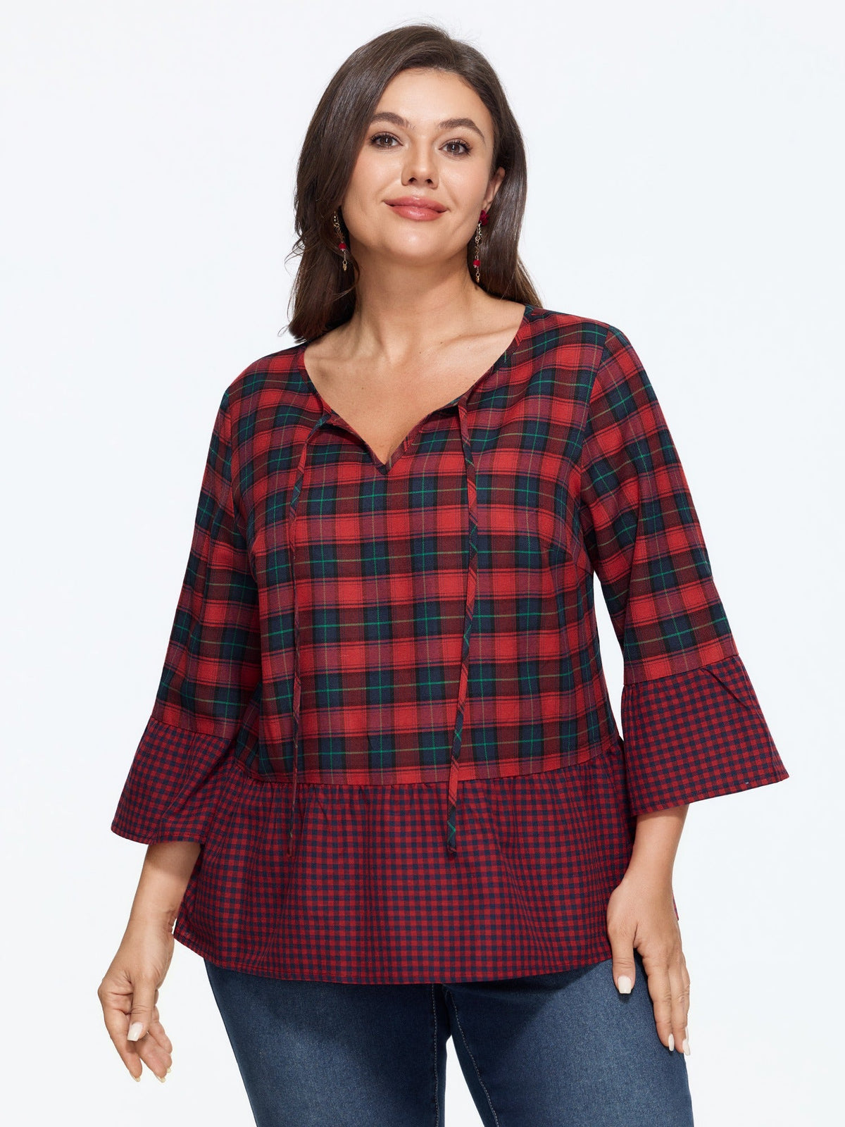 Plaid 3/4 Flare Sleeve Ruffle Hem Blouse