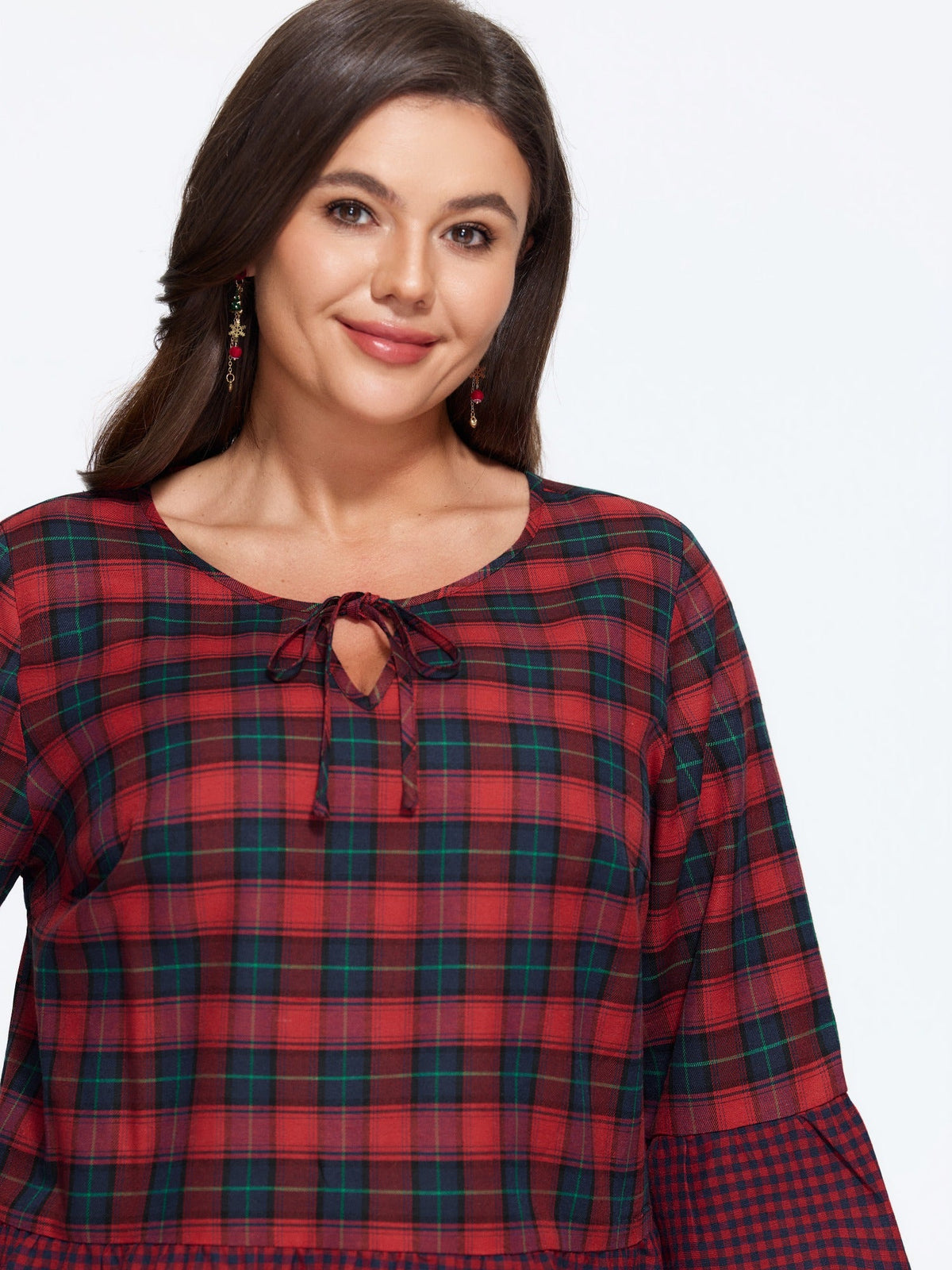 Plaid 3/4 Flare Sleeve Ruffle Hem Blouse