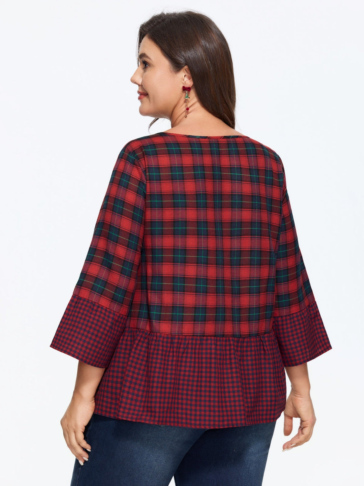 Plaid 3/4 Flare Sleeve Ruffle Hem Blouse