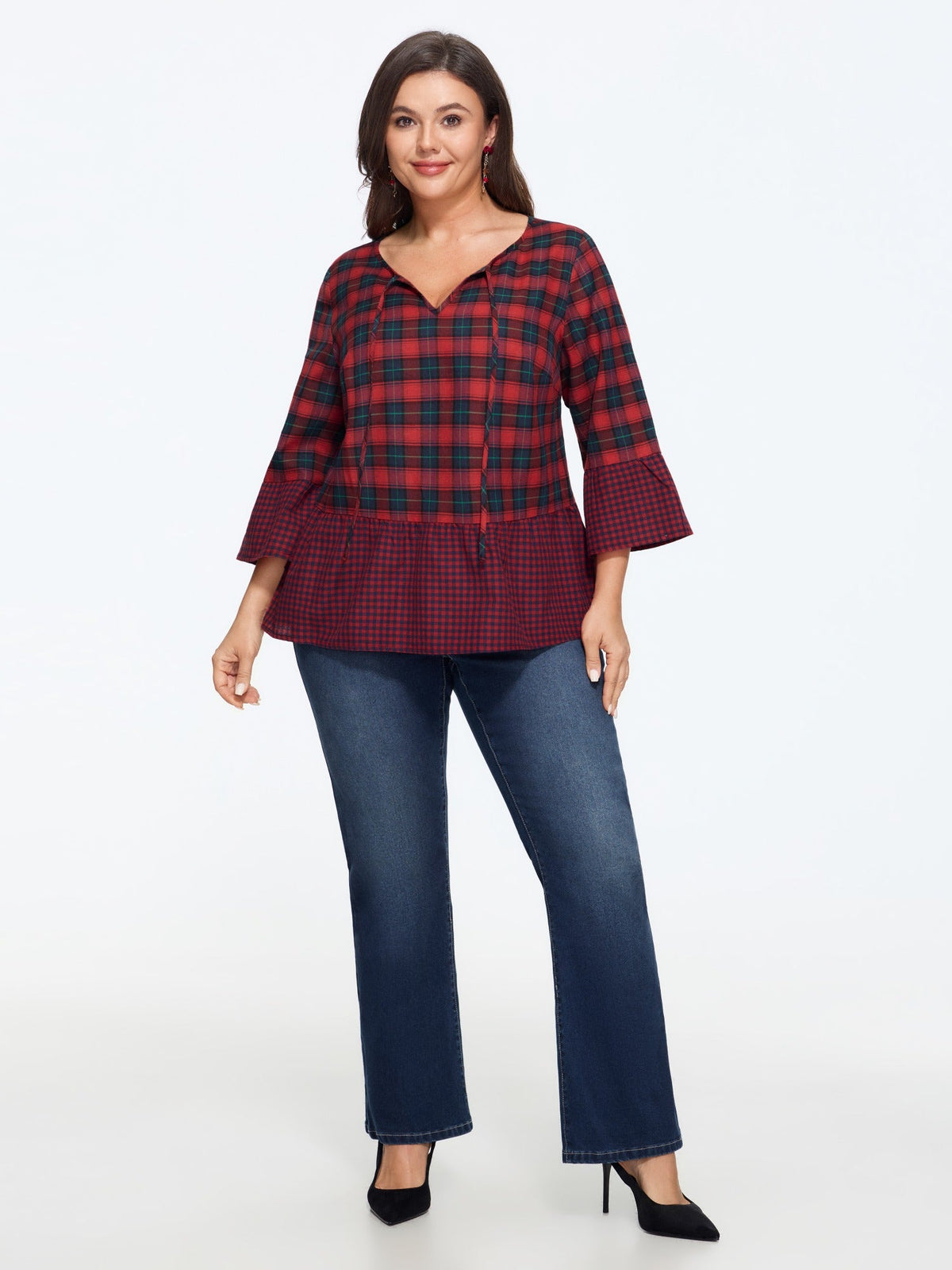 Plaid 3/4 Flare Sleeve Ruffle Hem Blouse