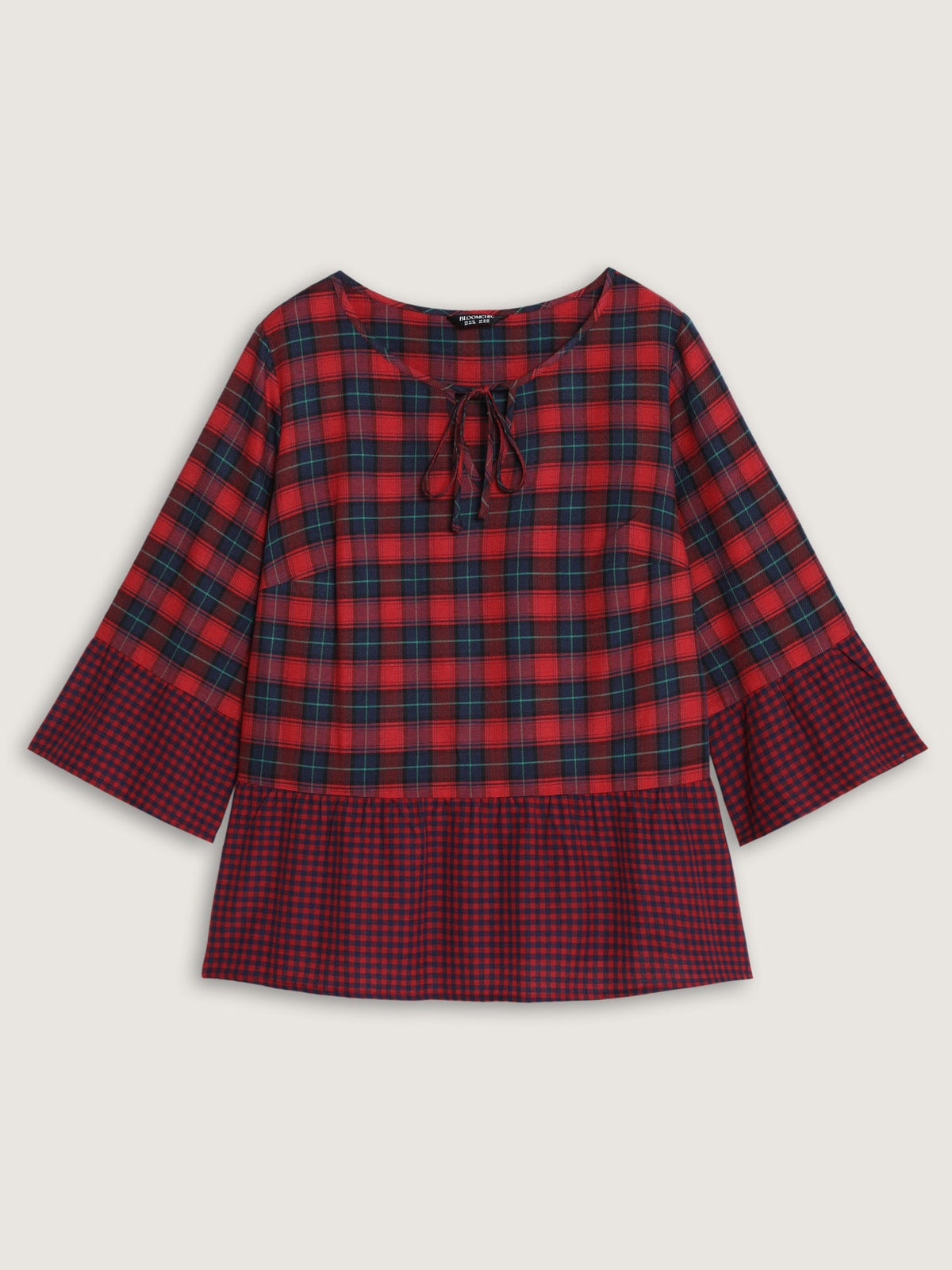 Plaid 3/4 Flare Sleeve Ruffle Hem Blouse