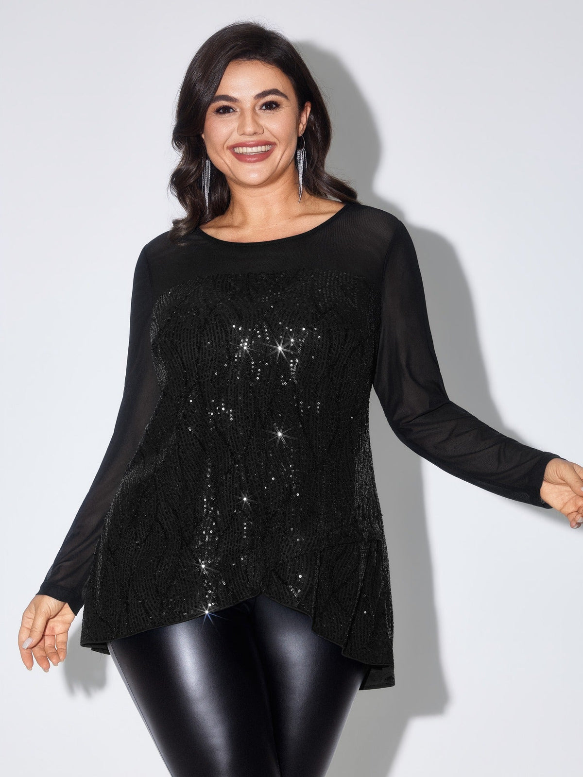 Sequin Sheer Mesh Round Neck Blouse