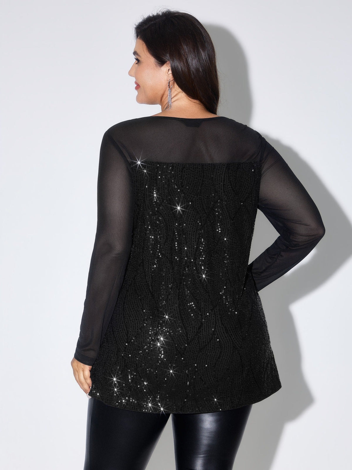 Sequin Sheer Mesh Round Neck Blouse