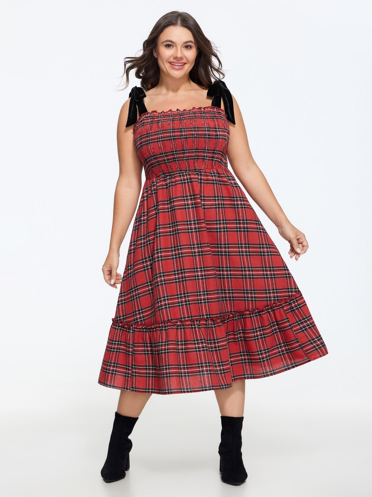 Plaid Tie Shoulder Shirred Tiered Midi Dress