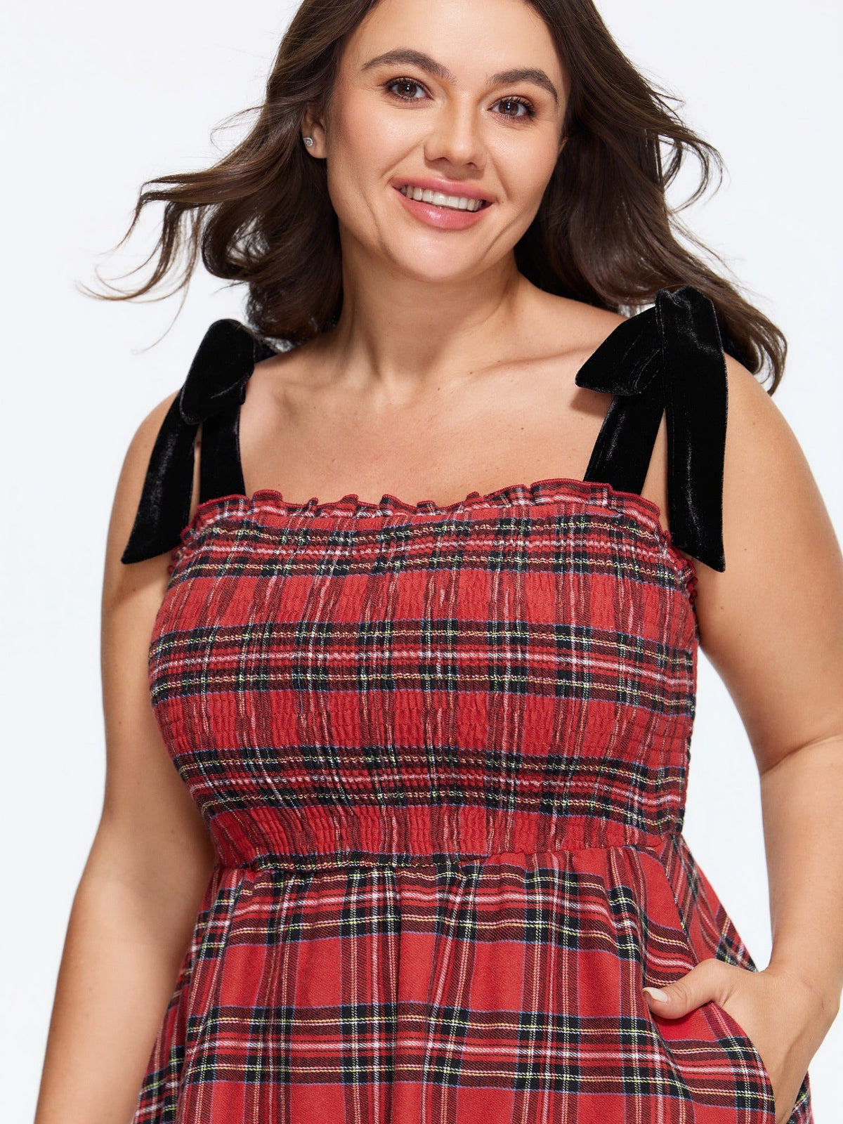Plaid Tie Shoulder Shirred Tiered Midi Dress