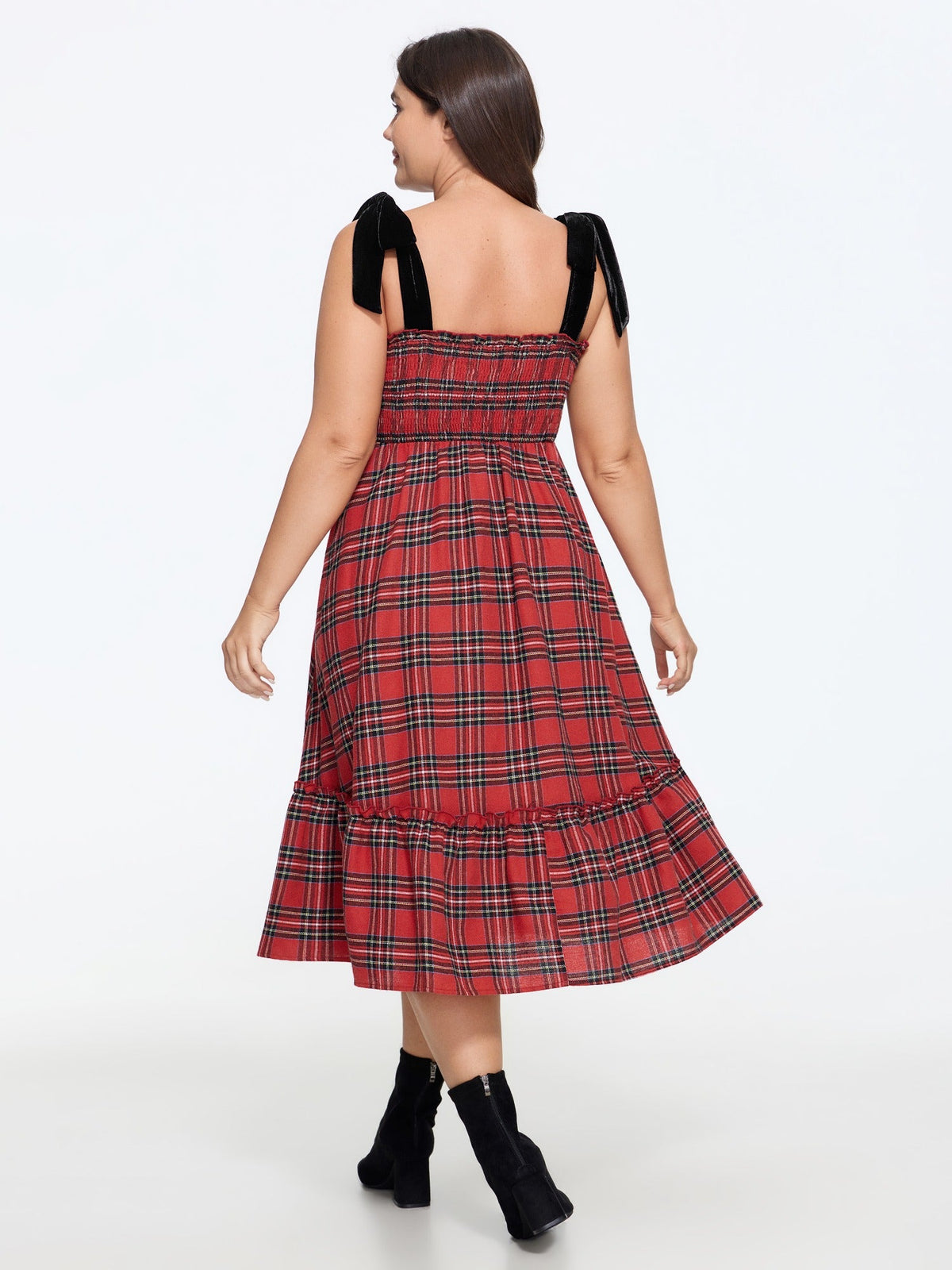 Plaid Tie Shoulder Shirred Tiered Midi Dress
