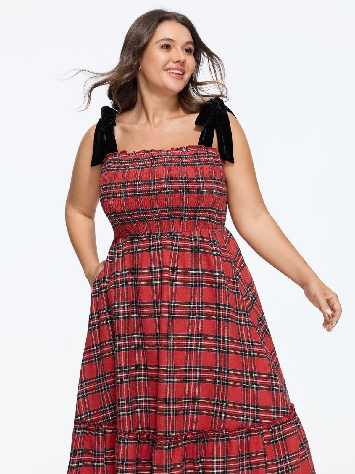 Plaid Tie Shoulder Shirred Tiered Midi Dress