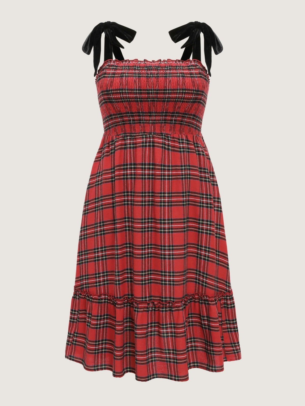 Plaid Tie Shoulder Shirred Tiered Midi Dress