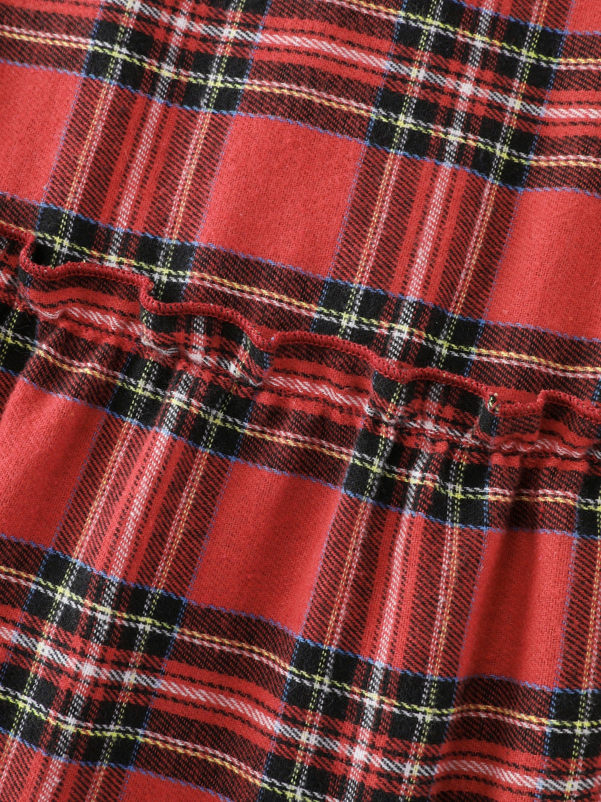 Plaid Tie Shoulder Shirred Tiered Midi Dress