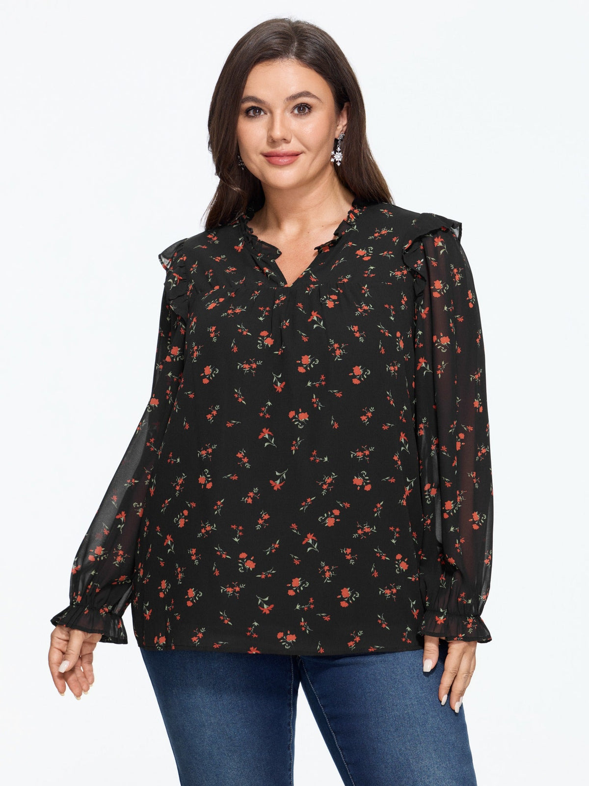 Floral Print Ruffle Sheer Chiffon Blouse