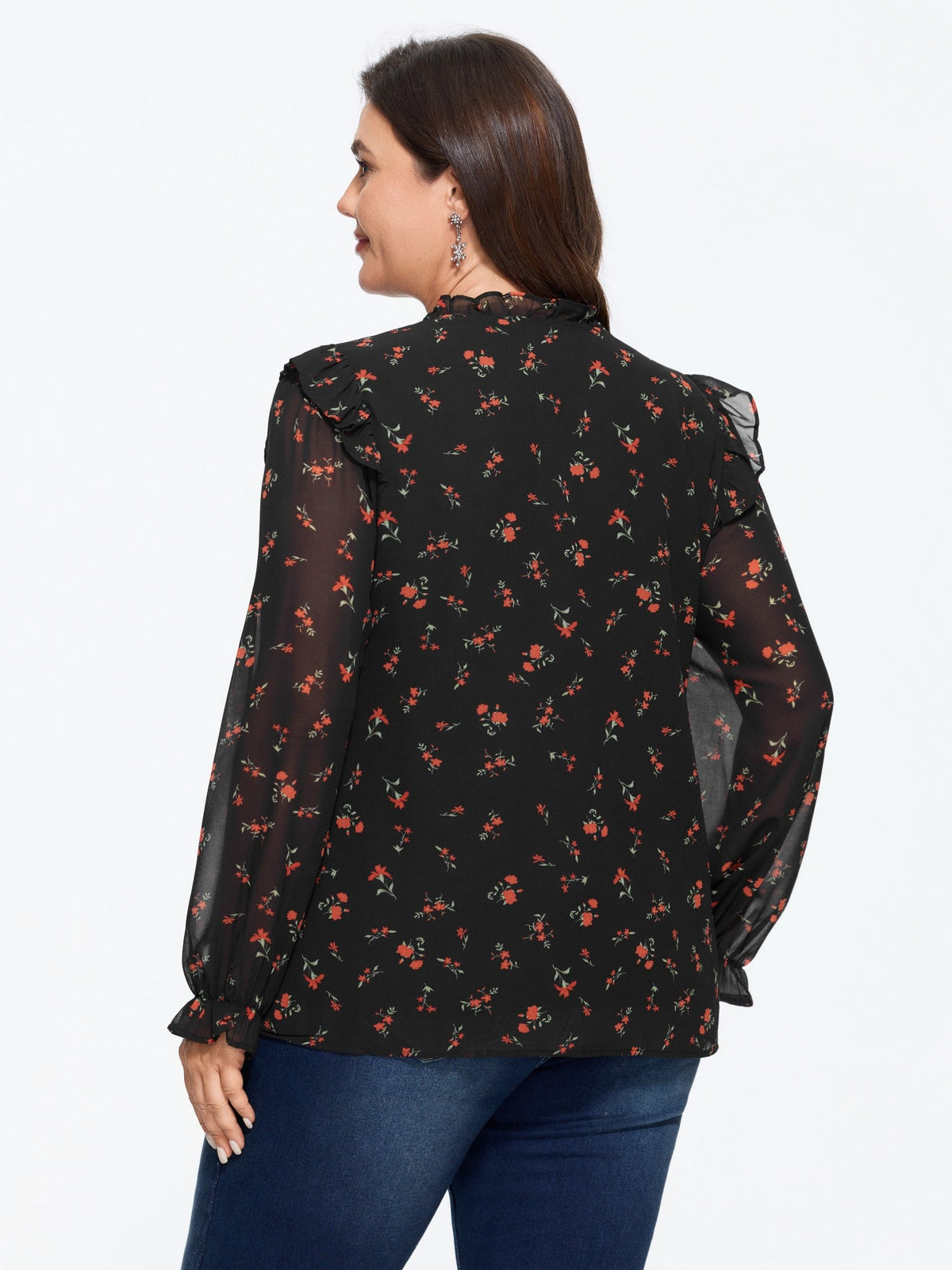 Floral Print Ruffle Sheer Chiffon Blouse