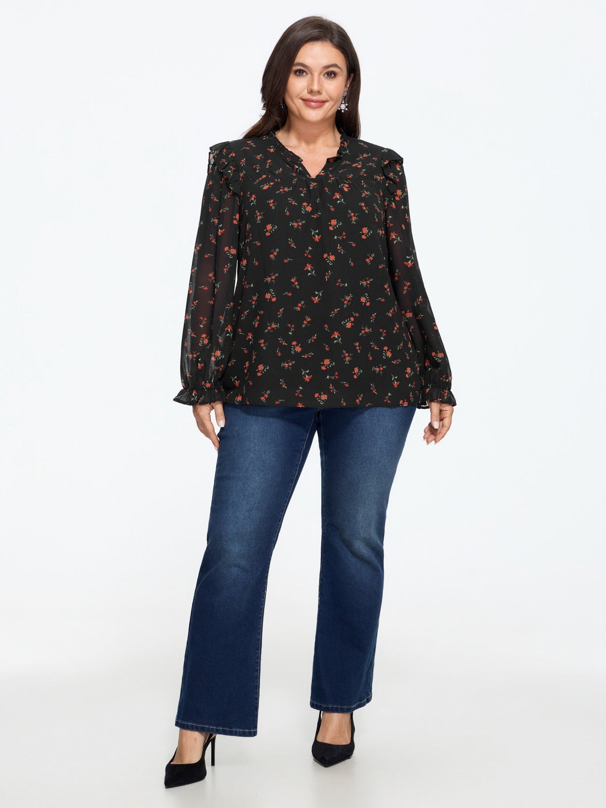 Floral Print Ruffle Sheer Chiffon Blouse