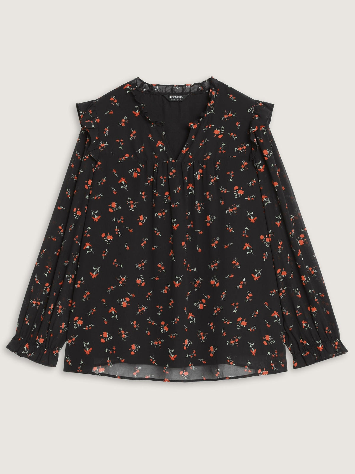 Floral Print Ruffle Sheer Chiffon Blouse