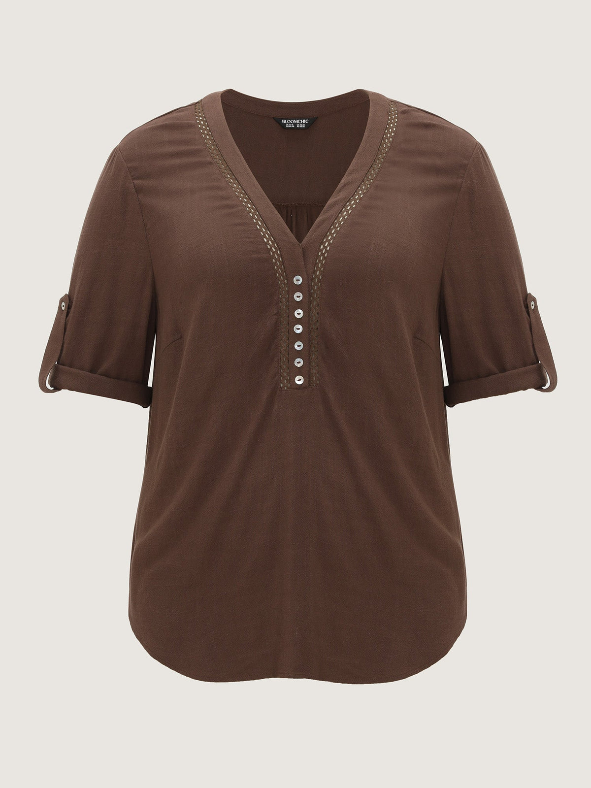 Lace Trim Neckline Tab Sleeve Blouse