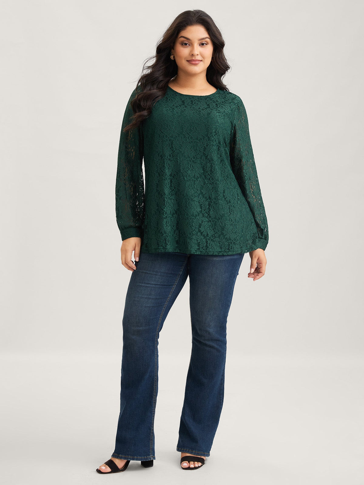 Solid Crochet Lace Mesh Crew Neck Blouse