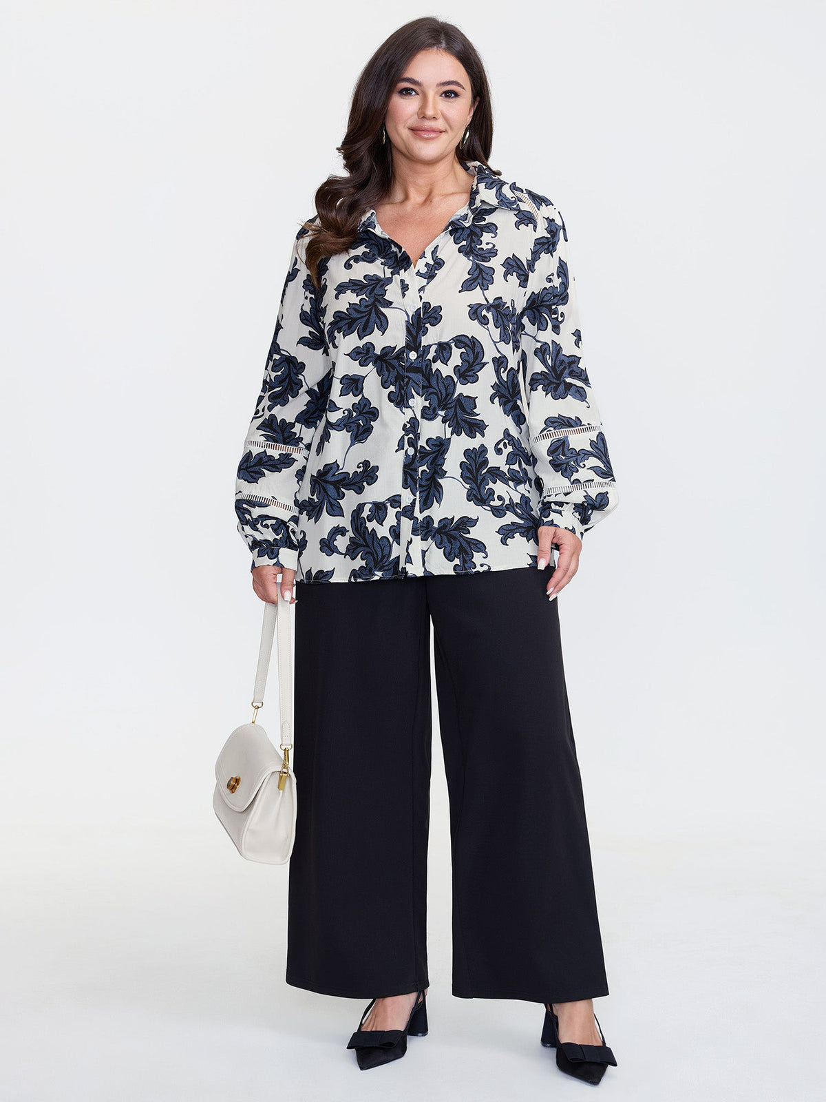 Floral Button Front Lace Relaxed Fit Blouse