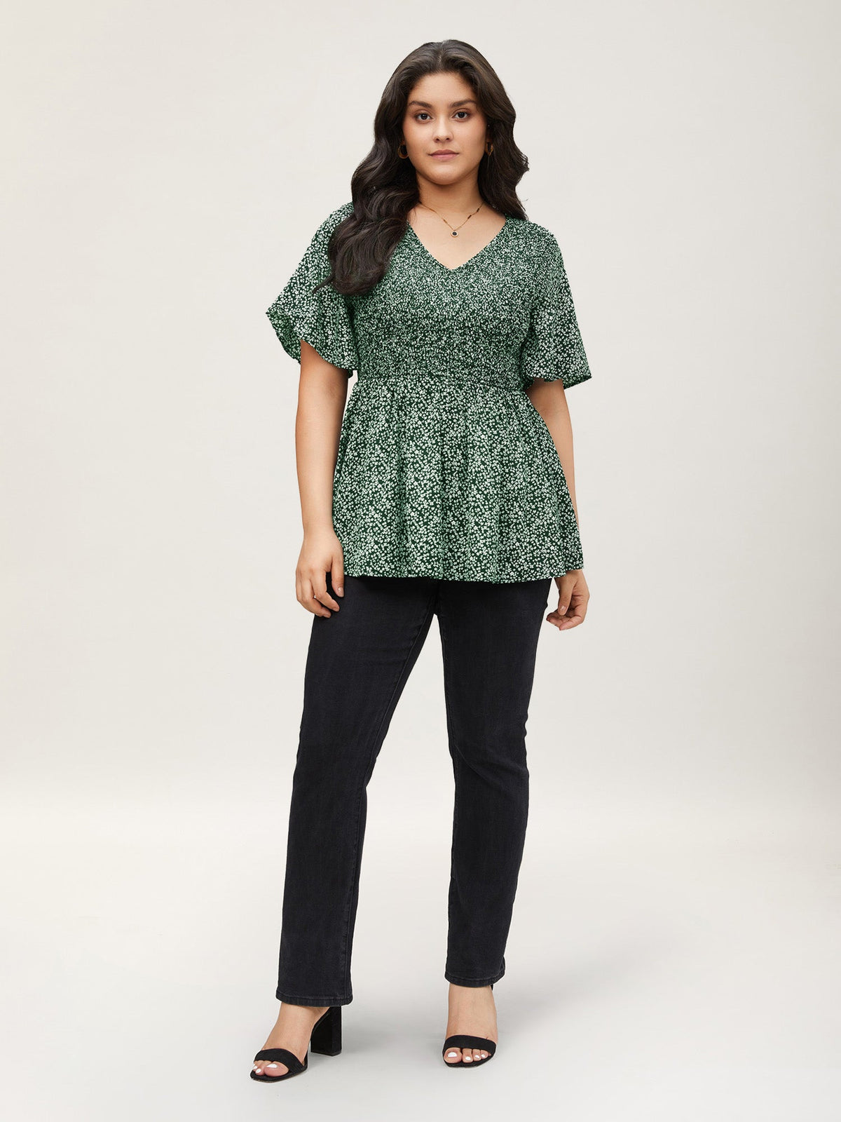 Ditsy Floral Shirred Ruffle Sleeve Elastic Waist Blouse
