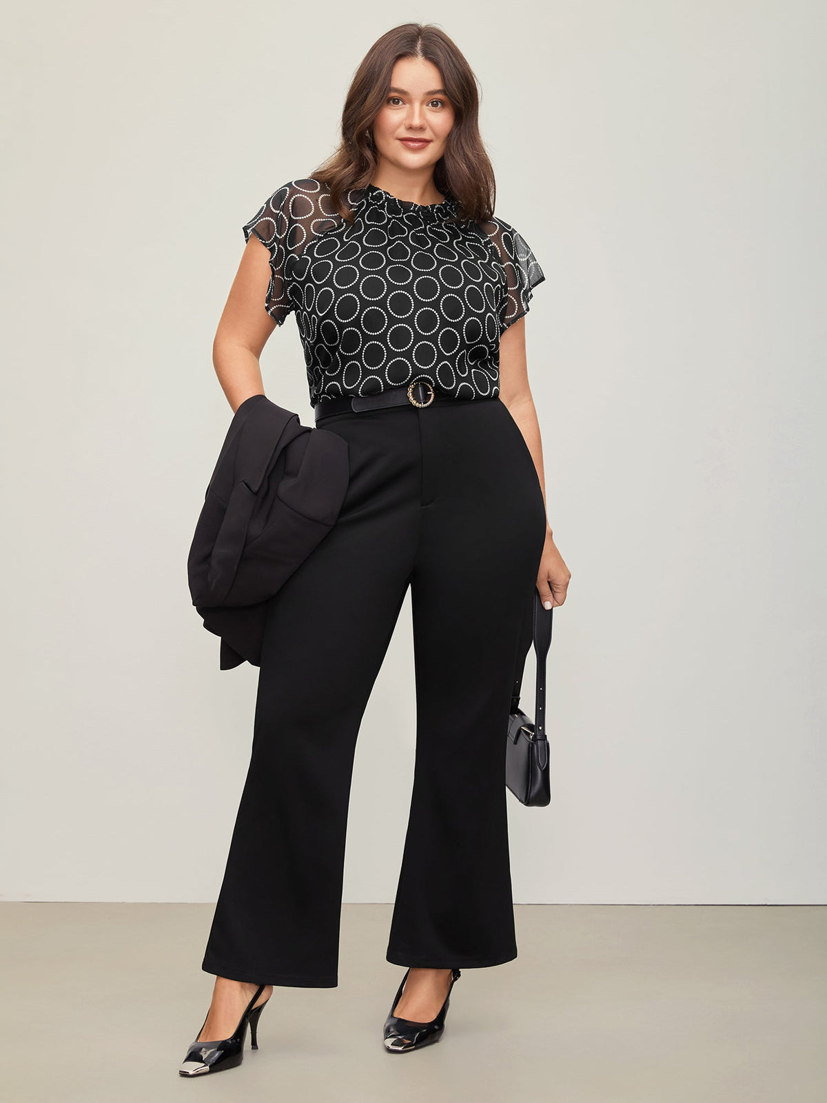 Polka Dot Mock Neck Mesh Patchwork Blouse