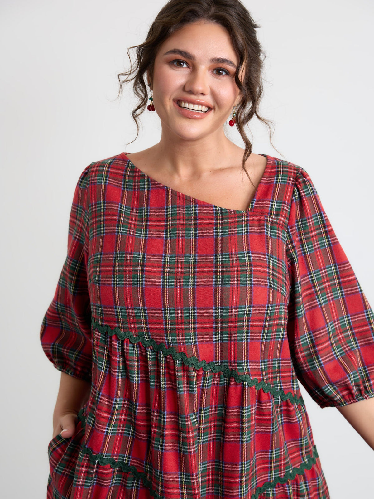 Festive Plaid Wavy Trim Mini Dress