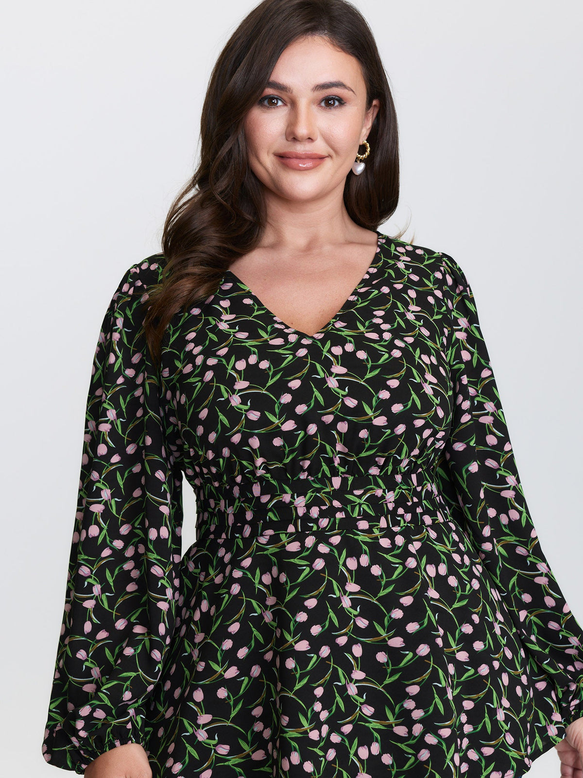 Tulip Print Cinched Flared Blouse