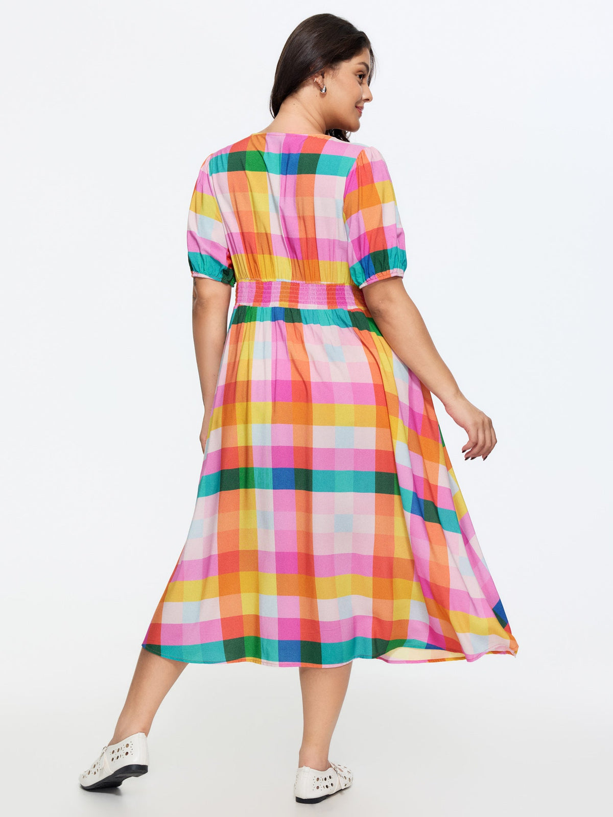 Colorblock Plaid Print Shirred Waist Front Button Midi Dress