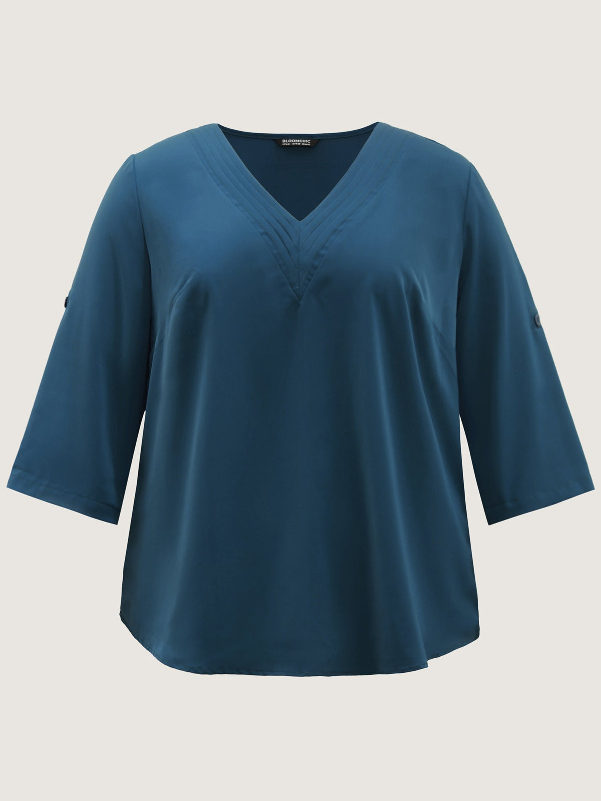 V Neck Plain Pleated Tab Sleeve Blouse