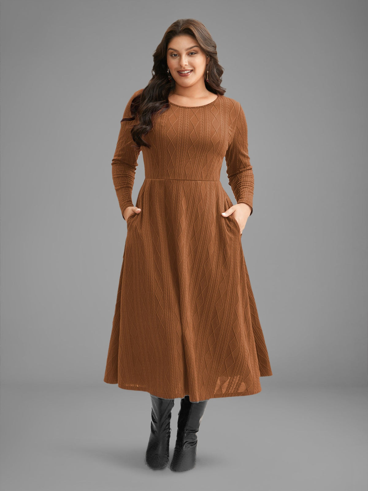 Textured Knit Fit-And-Flare Midi Dress