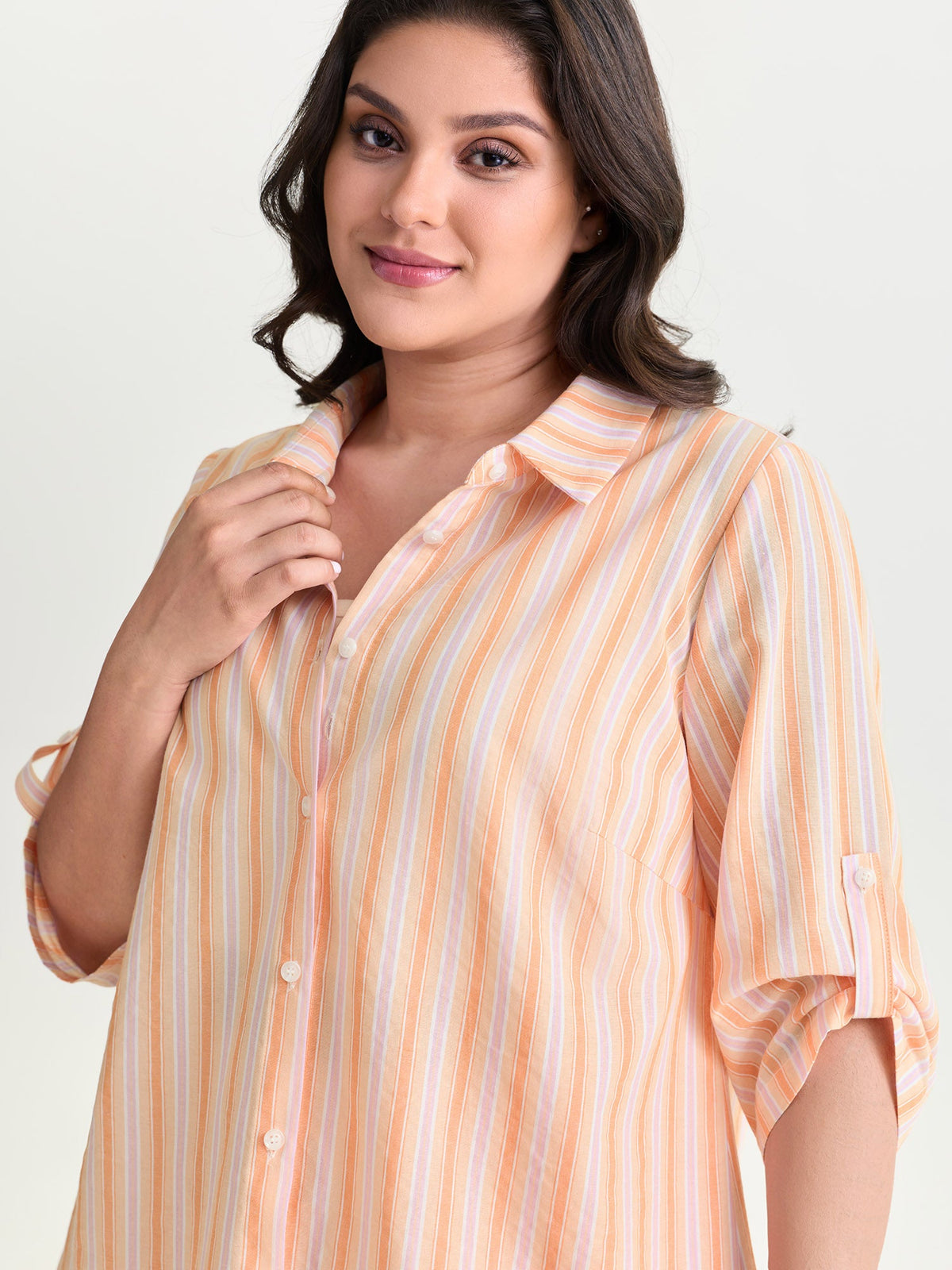 Cotton Striped Print Open-Front Shirt