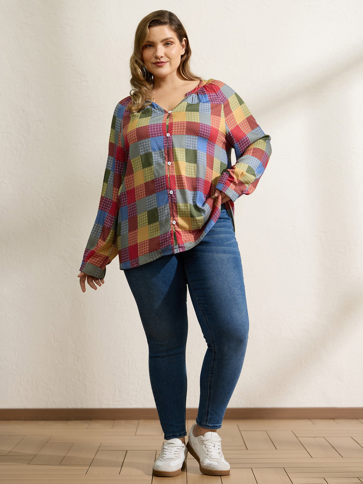 Colorful Check Print Button Relaxed-Fit Blouse