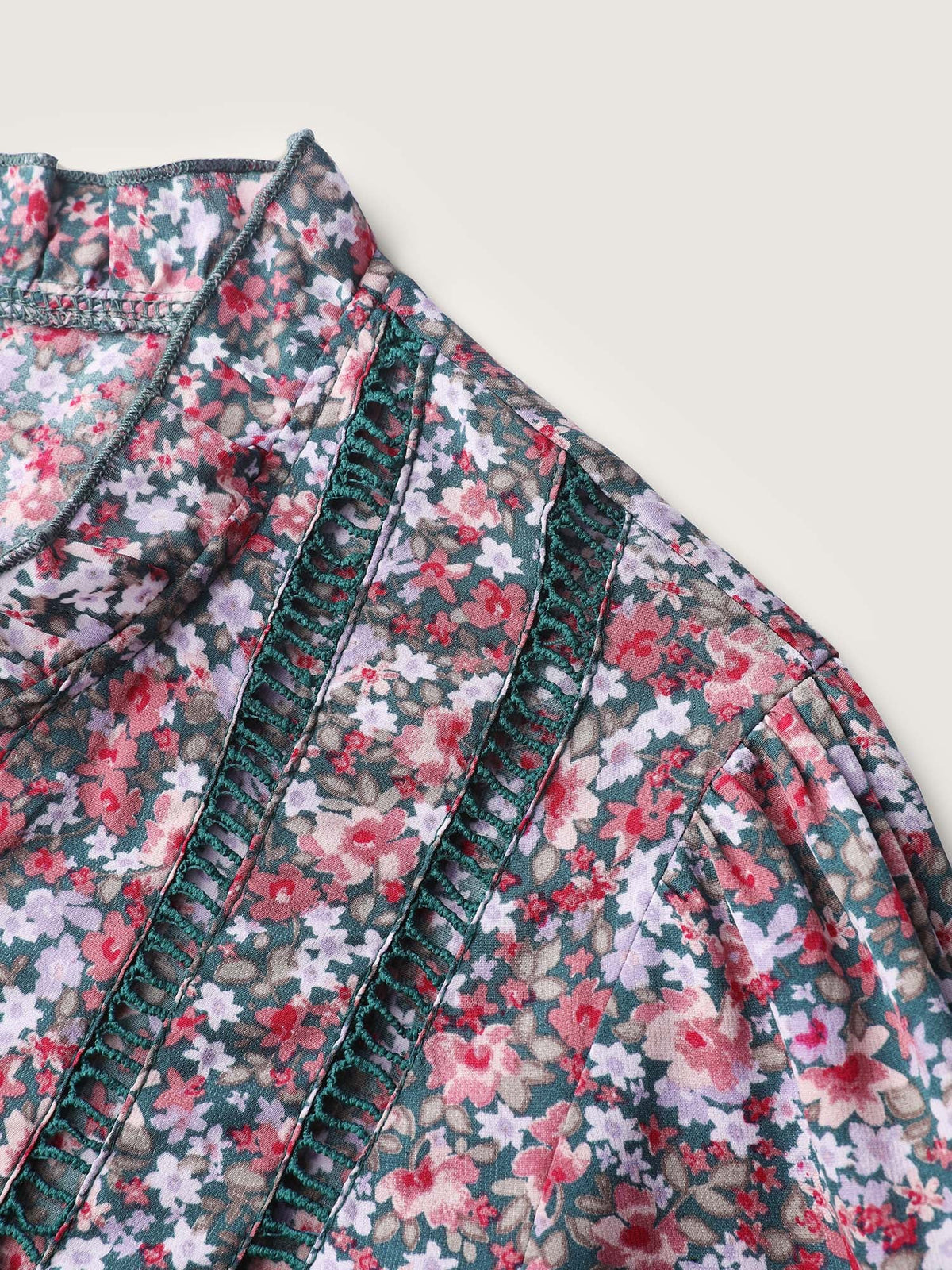 Floral Print Lace Trim Placket Blouse