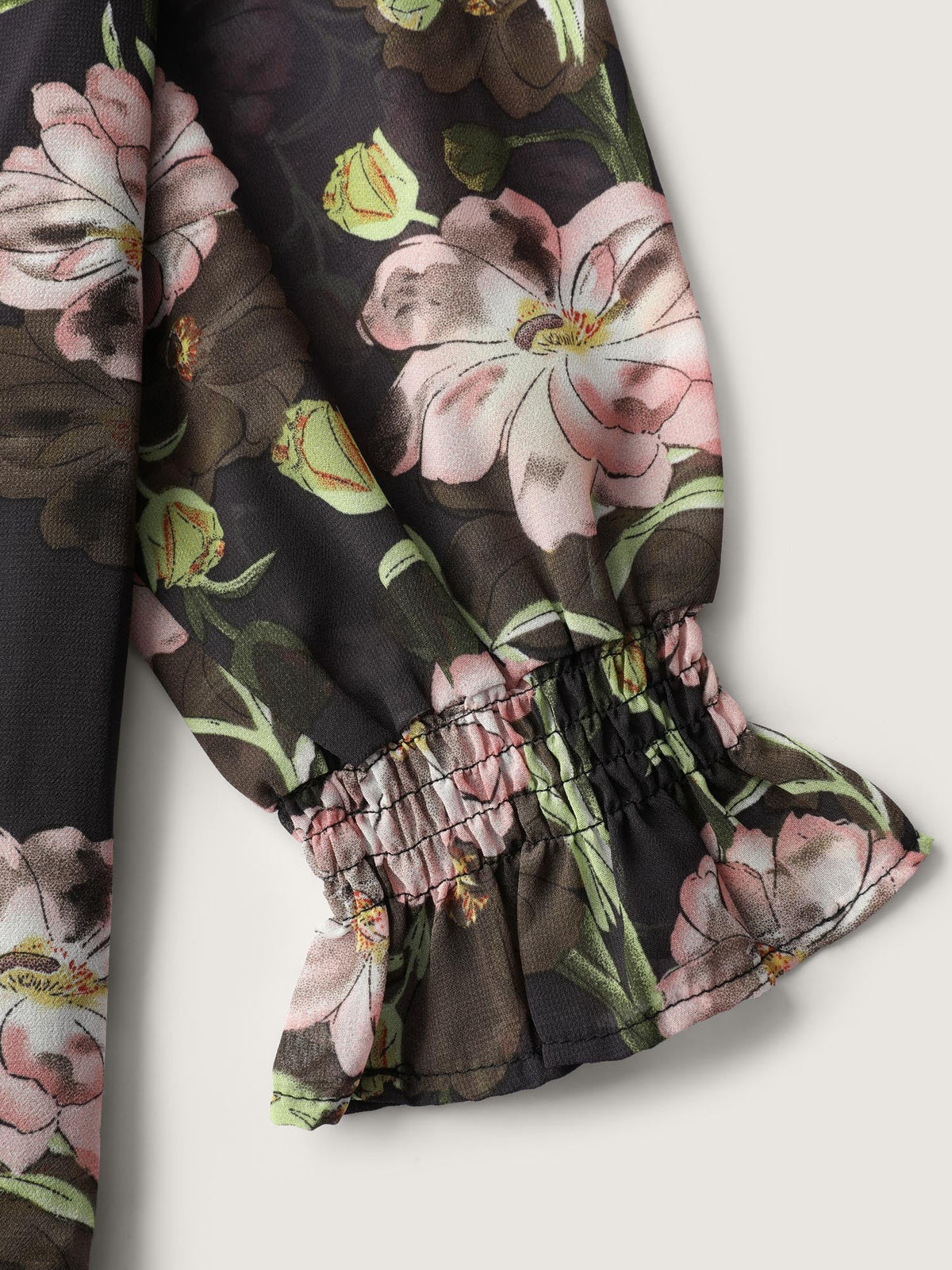 Sheer Floral Ruffled Cuff Metal Detail Blouse